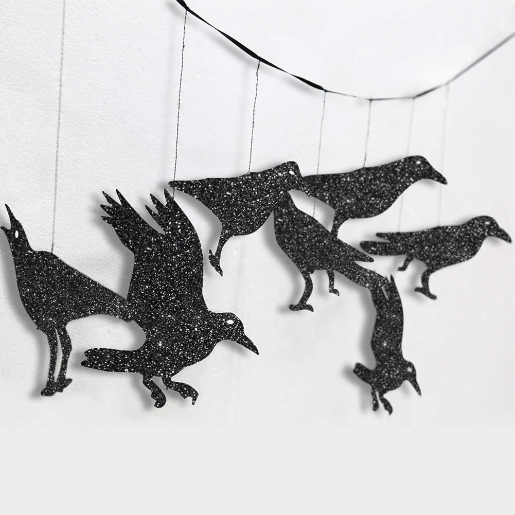 Cheerland Glitter Black Crow Garland Halloween Decorations for Gothic Gatherings Emo Party Tree Hanging Decoration Bird Raven Banner Decal Backdrop Centerpiece for Theme Birthday Party Supplies