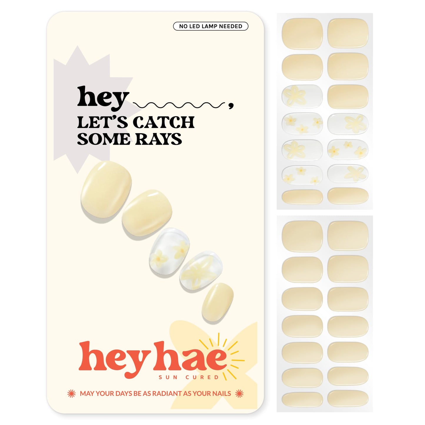Heyhae Semi Cured Gel Nail Strips | No LED Lamp Needed | Solid, Yellow, Spring |Easy Apply & Remove, Salon Quality|Includes 28 Strips, 1 Prep Pads, Nail File & Wooden stick- Hey, Let's Catch Some Rays