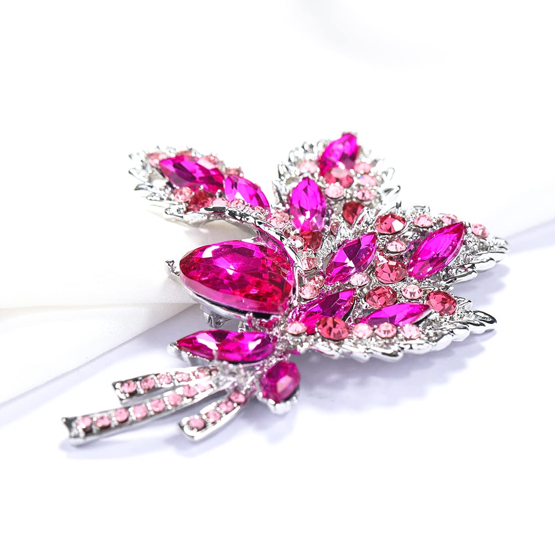 YOQUCOL Rose Red Austrian Crystal Leaf Shape Bouquet Big Large Brooch Pin Rhinestone Scarf Decoration Wreath Cloth Pin For Women