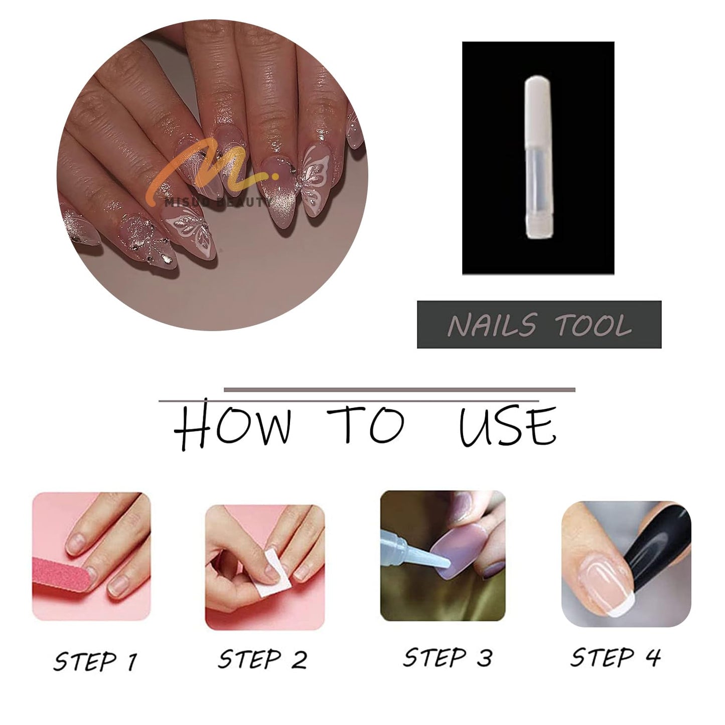 MISUD Press on Nails - Medium Almond Fake Nails with Cat Eye Acrylic Butterfly Rhinestone Design 24 pcs