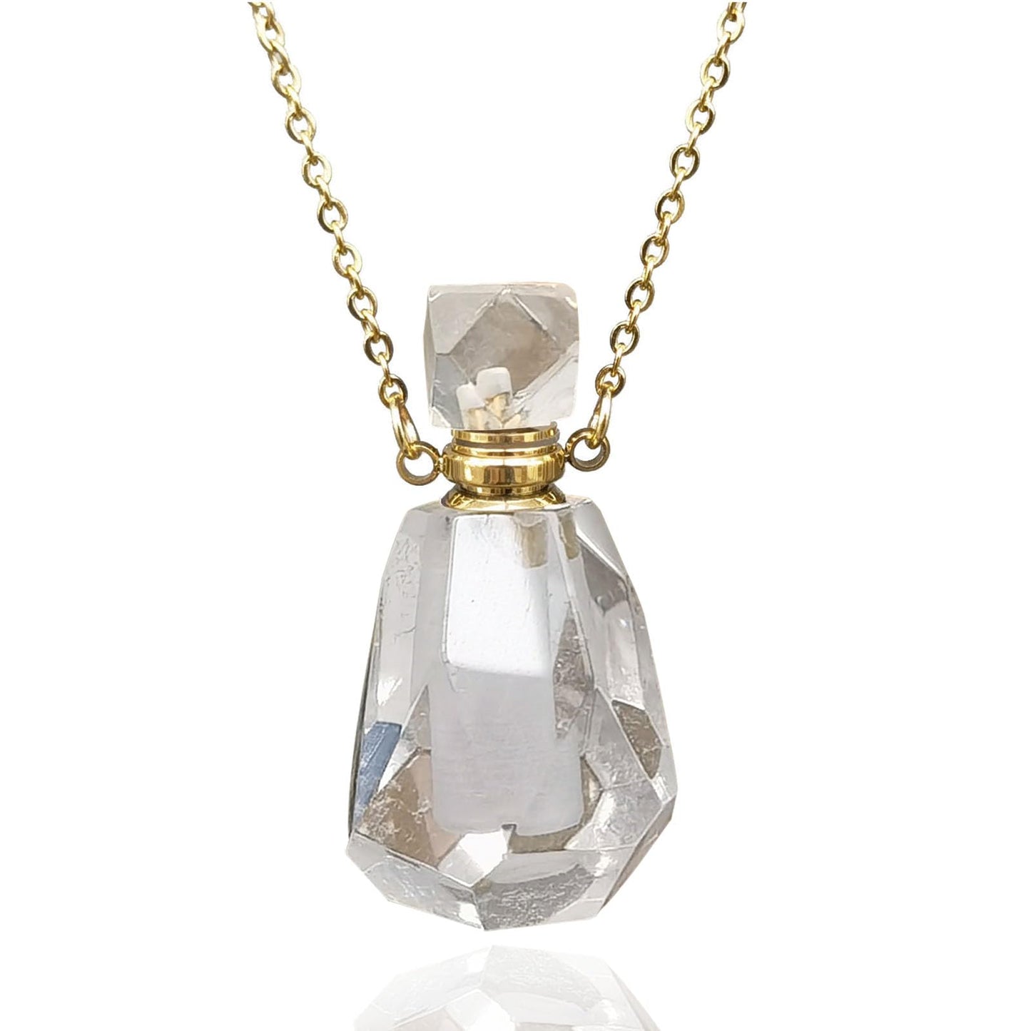 Ladywowu Perfume Bottle Necklace Heart Shape, Amethyst Necklace Healing Crystal for Women, Essential Oil Diffuser Bottle Necklace Jewelry for Liquid (Poly Clear Quartz-Gold)