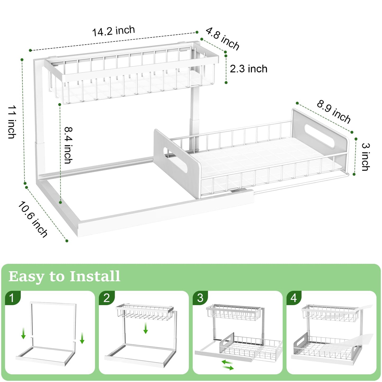 REALINN Under Sink Organizer, Pull Out Cabinet Organizer, 2 Tier Metal Slide Out Shelf with L Shaped Design, Under Cabinet Storage for Kitchen, Bathroom, Laundry, Deep Cabinet Shelf Storage, White