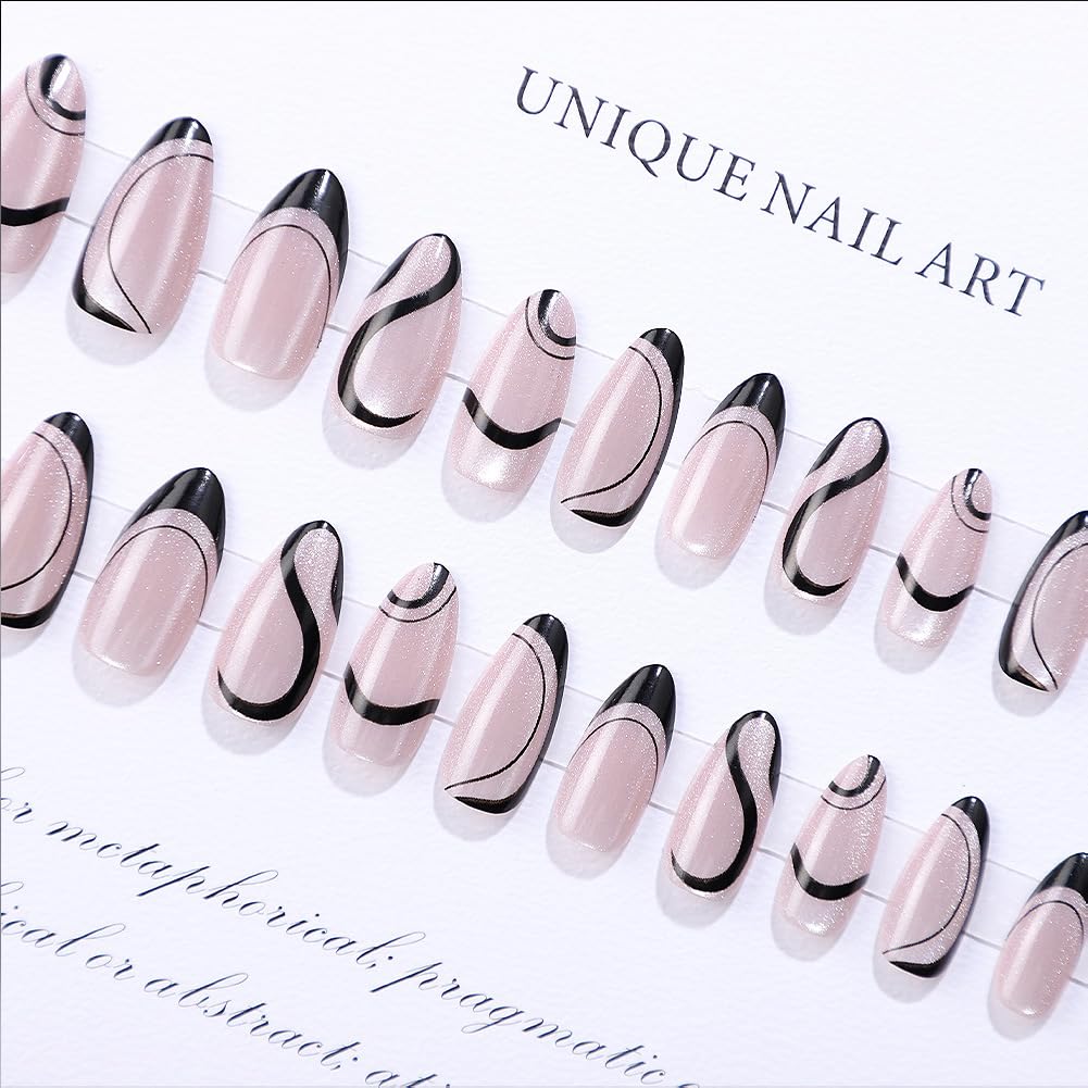WAFOLOZE Press On Nails Long Almond Fake Nails Holiday Nail Press Ons With Simple Black Lines Cat's Eye Design, Artificial False Nails Stick On Nails for Women-30Pcs