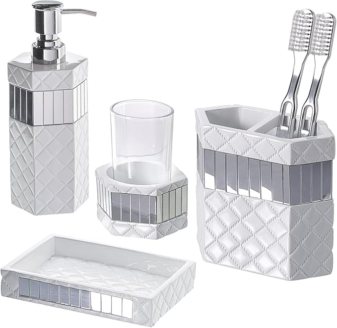 Creative Scents Quilted Mirror White Bathroom Accessories Set - Decorative 6 Piece Bathroom Set Includes: Trash Can, Tissue Box Cover, Soap Dispenser, Toothbrush Holder, Tumbler & Soap Dish