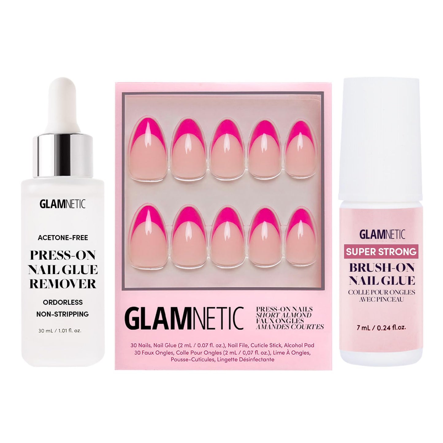 Glamnetic Press-On Nails - Raspberry Sorbet | Semi-Transparent Magenta Pink French Tip Short Almond False Nails | 15 Sizes - 30 Nail Kit with Glue and Remover