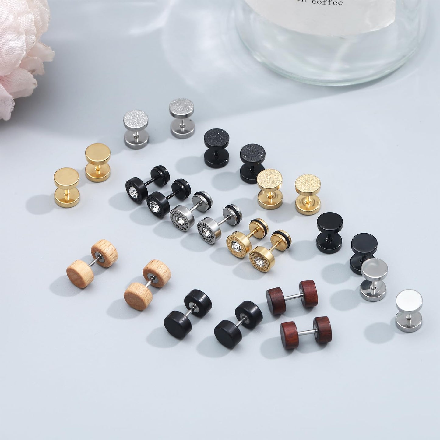 SUBANG 12 Pairs Stainless Steel Stud Earrings for Men Faux Gauges Earring Hypoallergenic Earring Flatback Dot Studs Screw Back Earrings for Women Men