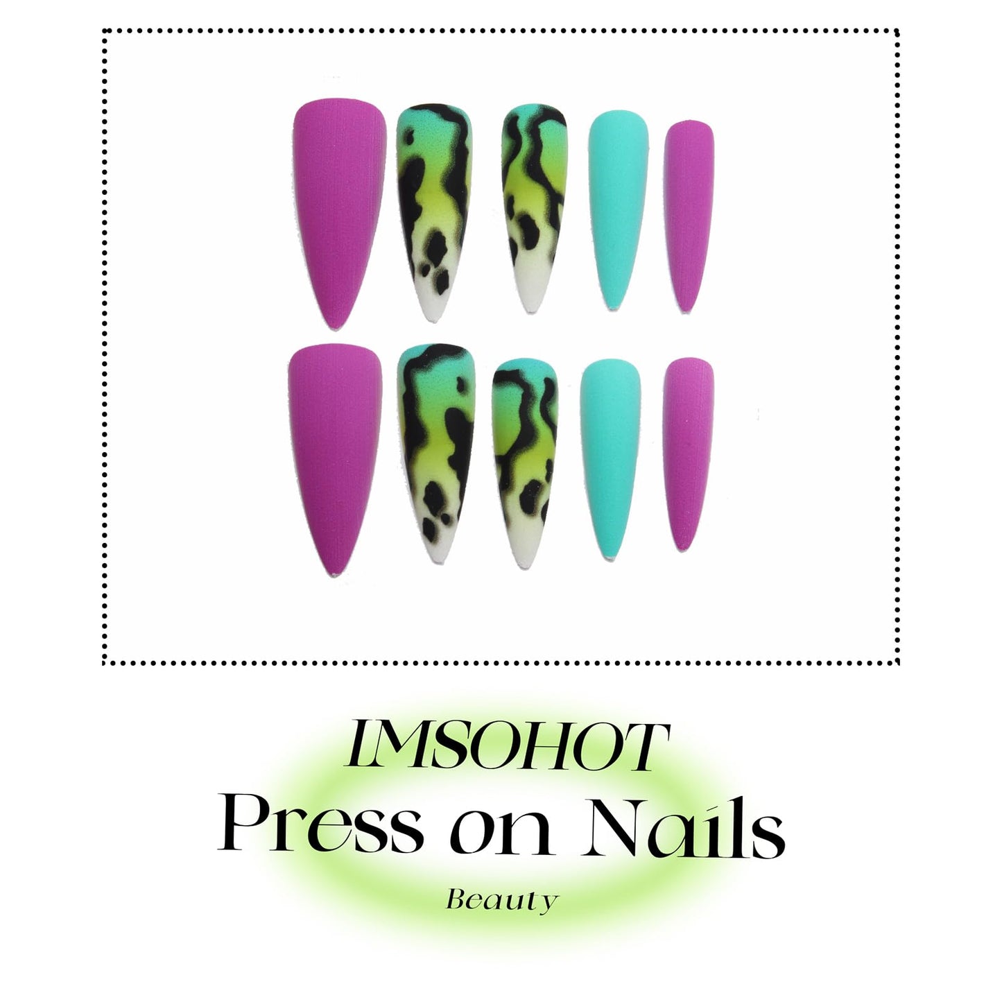 IMSOHOT Press on Nails Long Stiletto Fake Nails Purple Green Ombre Acrylic False Nails Matte Full Cover Glue on Nails