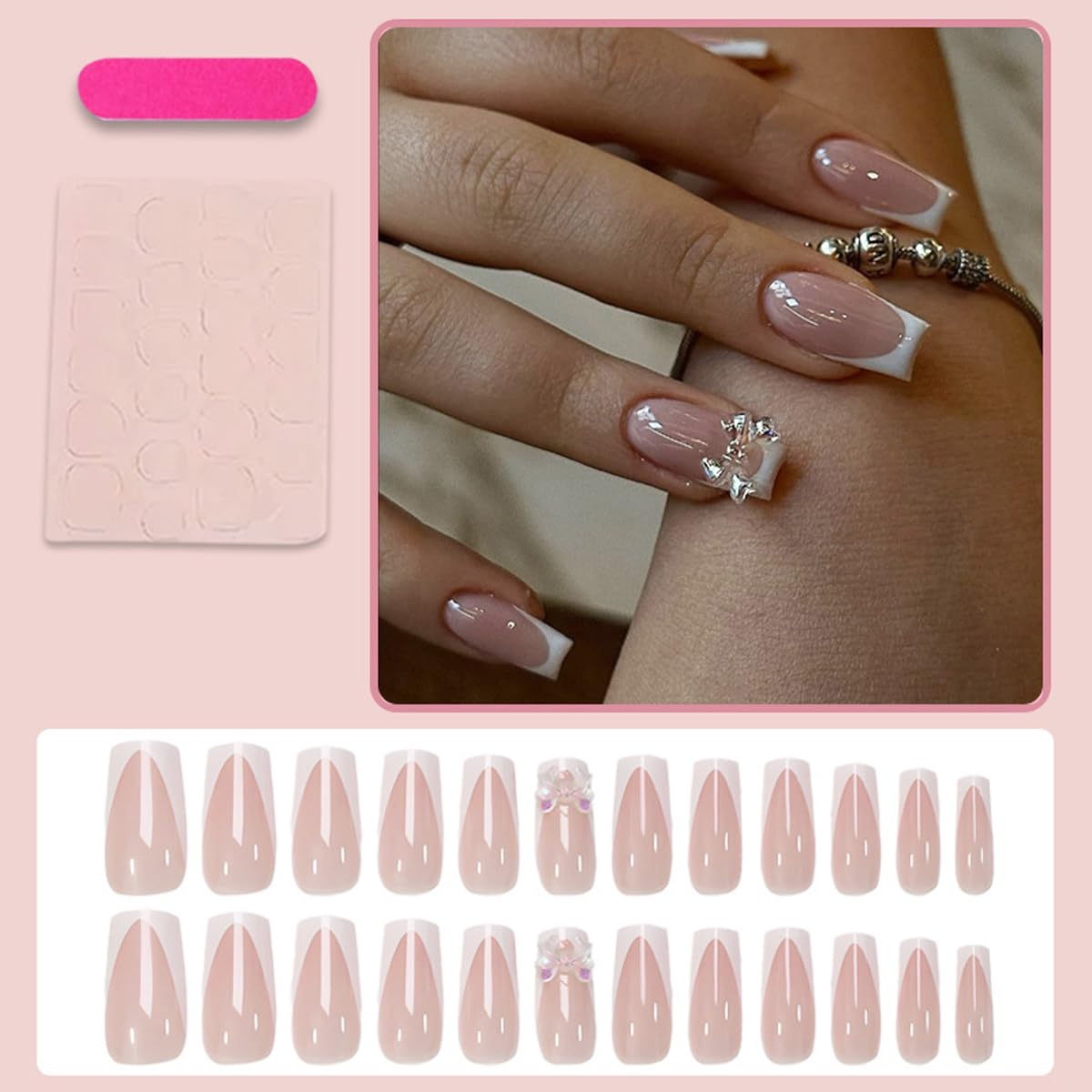 White Press on Nails Bow Fake Nails Short Square False Nail Glossy Full Cover Glue on Nails Nude Stick on Nail Artificial Acrylic Nail for Women Girls Manicure 24Pcs