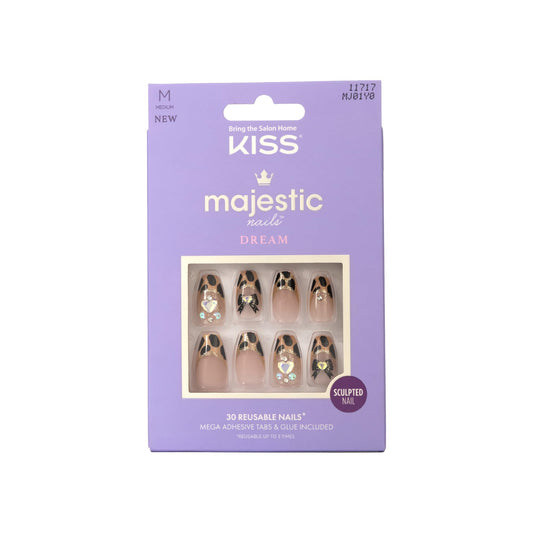 KISS Majestic, 30 Pcs Press On Nails, Medium Coffin Fake Nails, Animal Print Glitter French Tip with Bows, Reusable Stick On Extensions Full Cover Kit with Glue, Adhesive Tabs, Manicure Stick & File