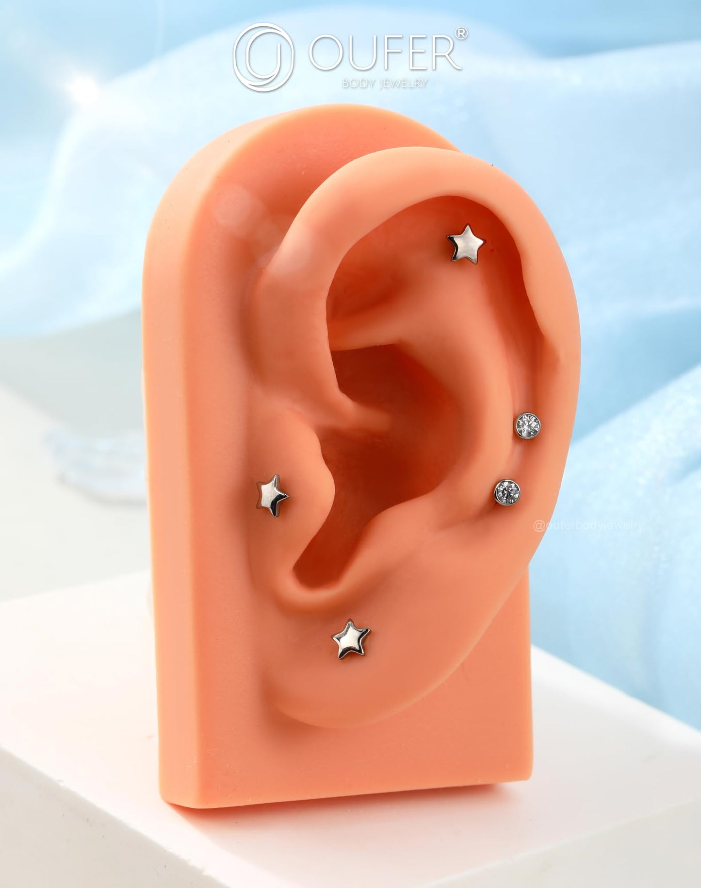 OUFER 2Pcs Conch Piercing Jewelry, 16G G23 Solid Titanium Push in Earring Stud Flat Back Star Heart Shaped Tiny CZ 3MM Silver Helix Cartilage Conch Lobe Earrings for Women Men-12MM