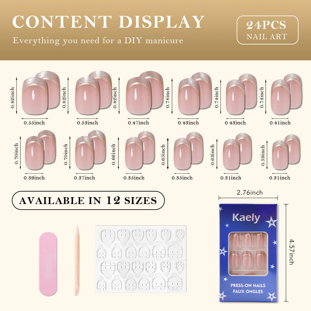evpct French Tip Press On Nails Medium Squoval No Glue, Nude Pink Gold Line&Cat Eye Tips, Medium Squoval Fake False Press on Nails, Soft Stick on nail Press ons with Nail Kit, Reusable Salon-quality