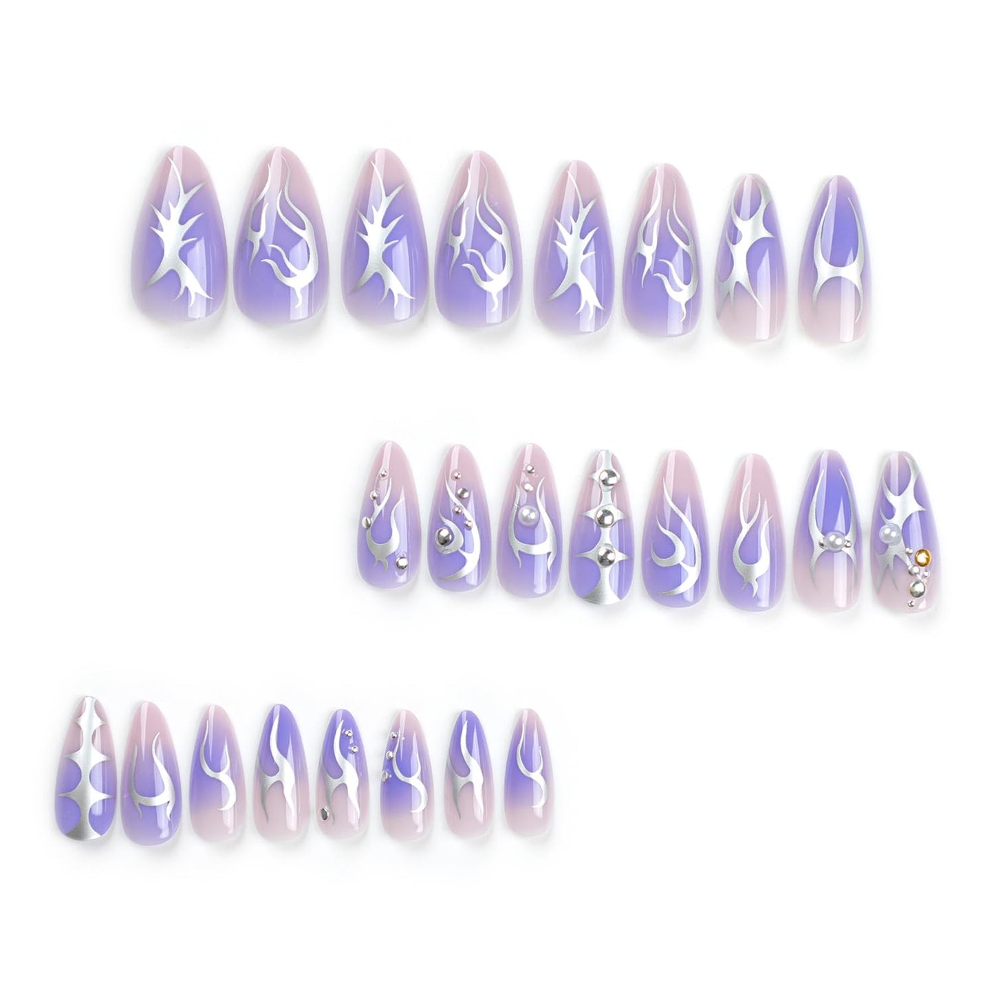 24 Pcs Purple Press on Almond Fake Nails - Pearl Designs, Glossy Full Cover Stick on Nails for Women