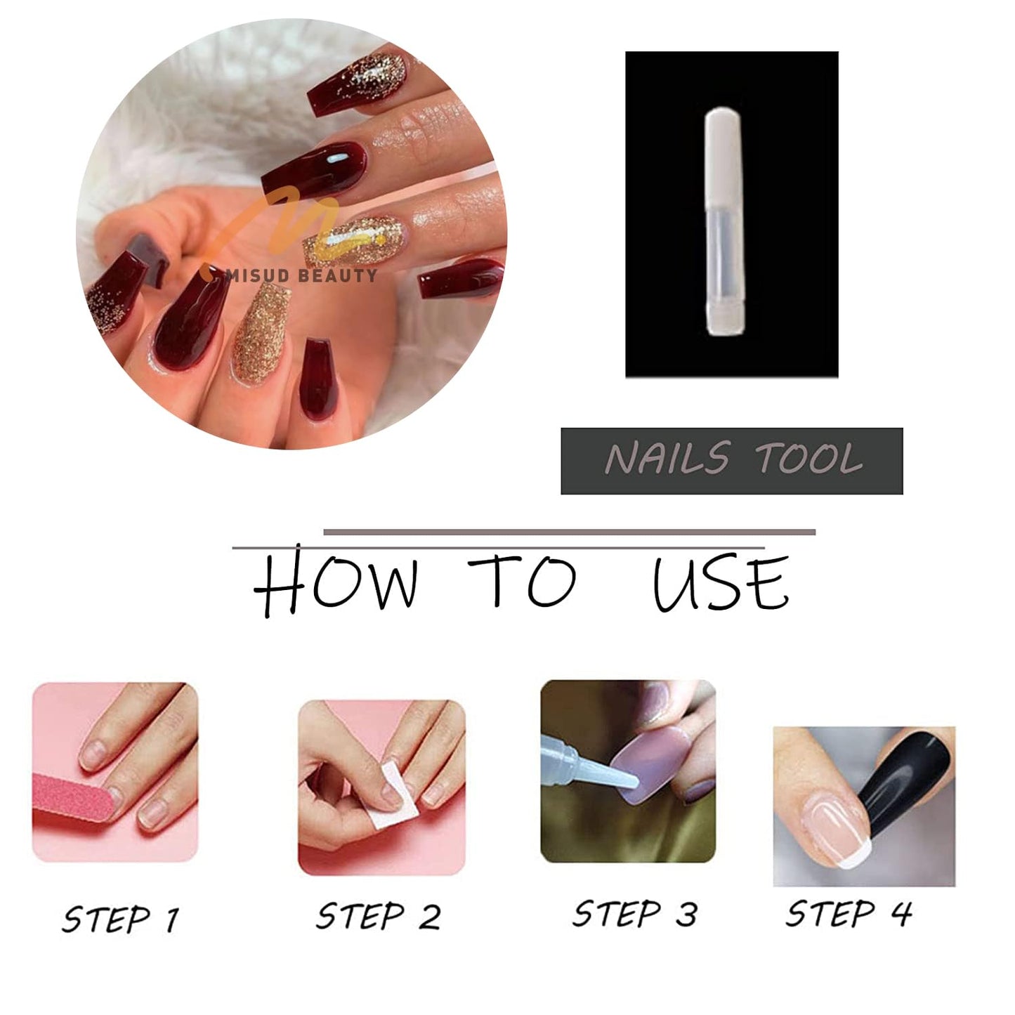 MISUD Press on Nails - Long Coffin Glue on Nails with Wine Red Burgundy, Acrylic Bling Gold Glitter Design 24 pcs