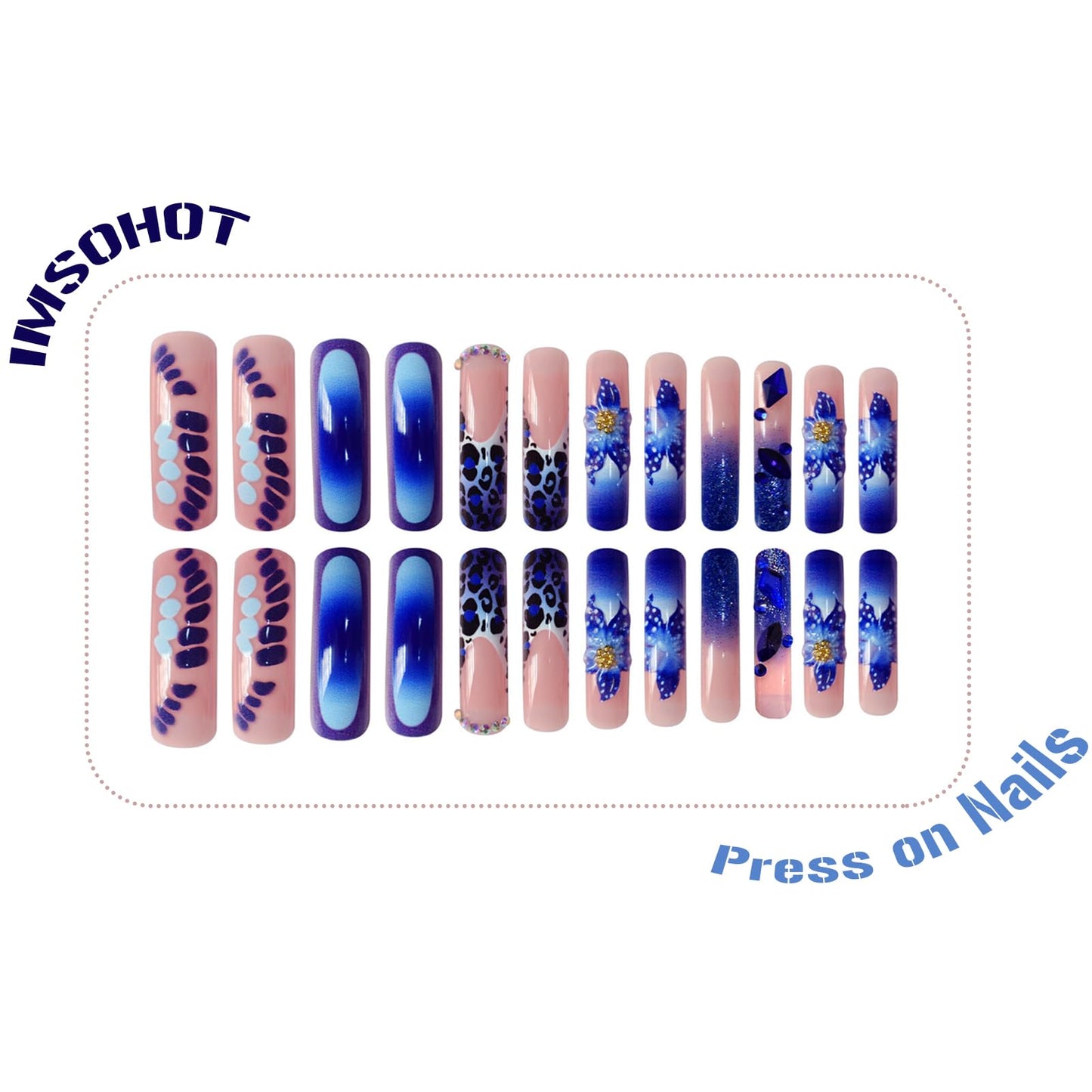 IMSOHOT Blue Press on Nails Curved Long Fake Nails - Leopard Print, Flower, Glitter, Rhinestone, Crocodile Print Designs Square Glossy Full Cover Acrylic False Nails Extra Long Glue on Nails