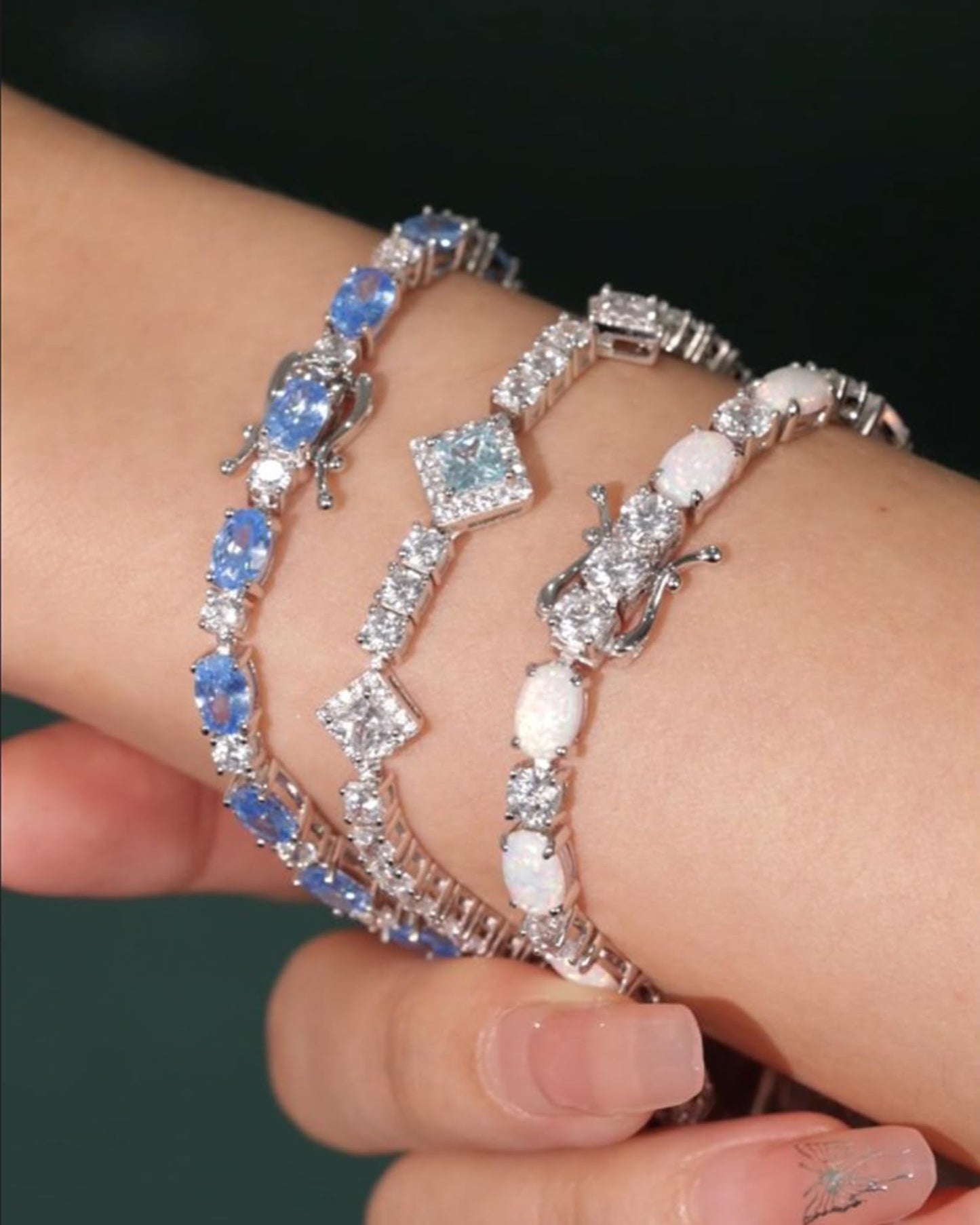 FANCIME Sterling Silver Fire Opal Tennis Bracelet October Birthstone Bracelets Oval Gemstone Dainty Fine Jewelry for Women 7"