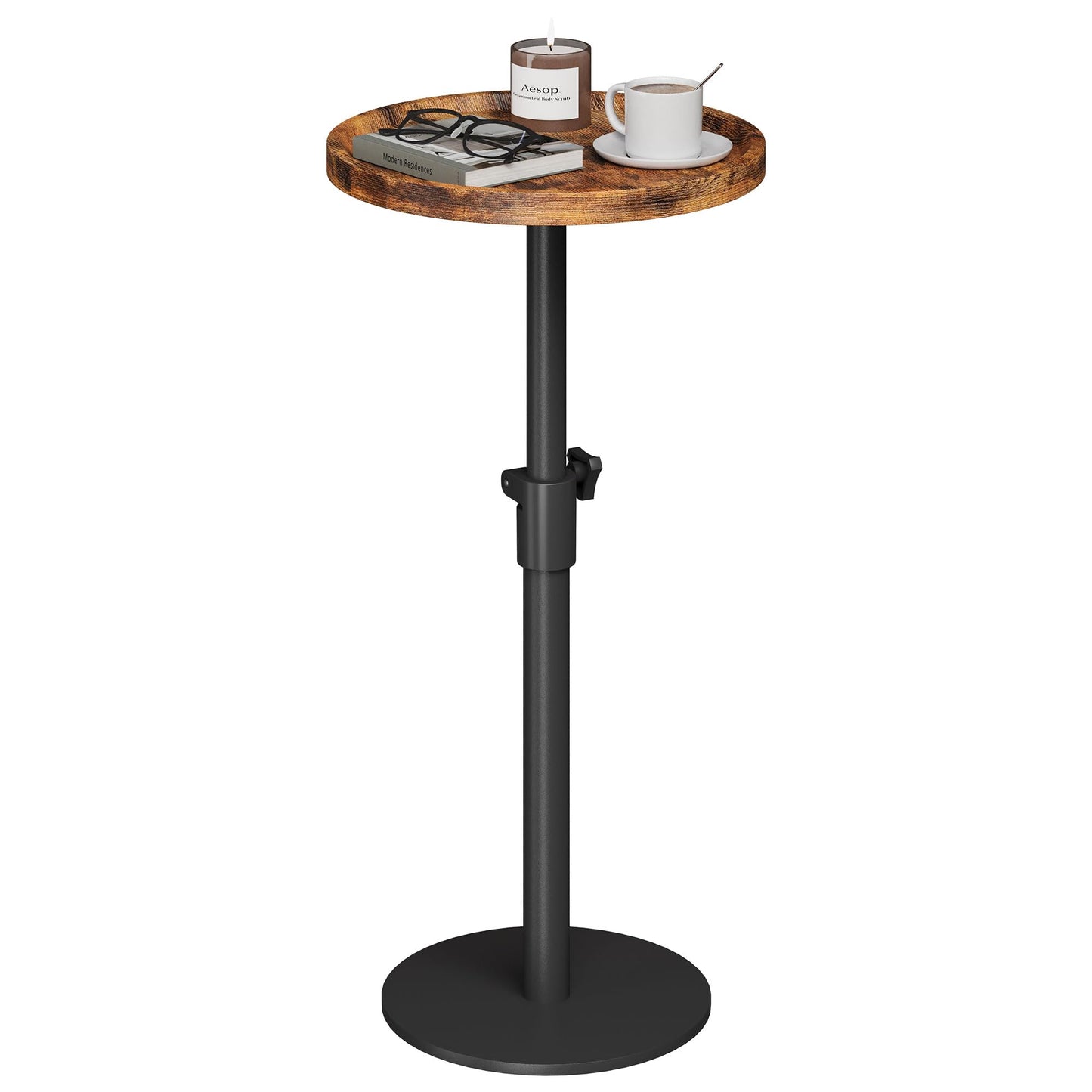 Homeiju Adjustable Round Side Table, Pedestal End Table for Small Spaces, Wooden Couch Table, Tall Drink Table for Living Room, Bedroom, Patio, Brown