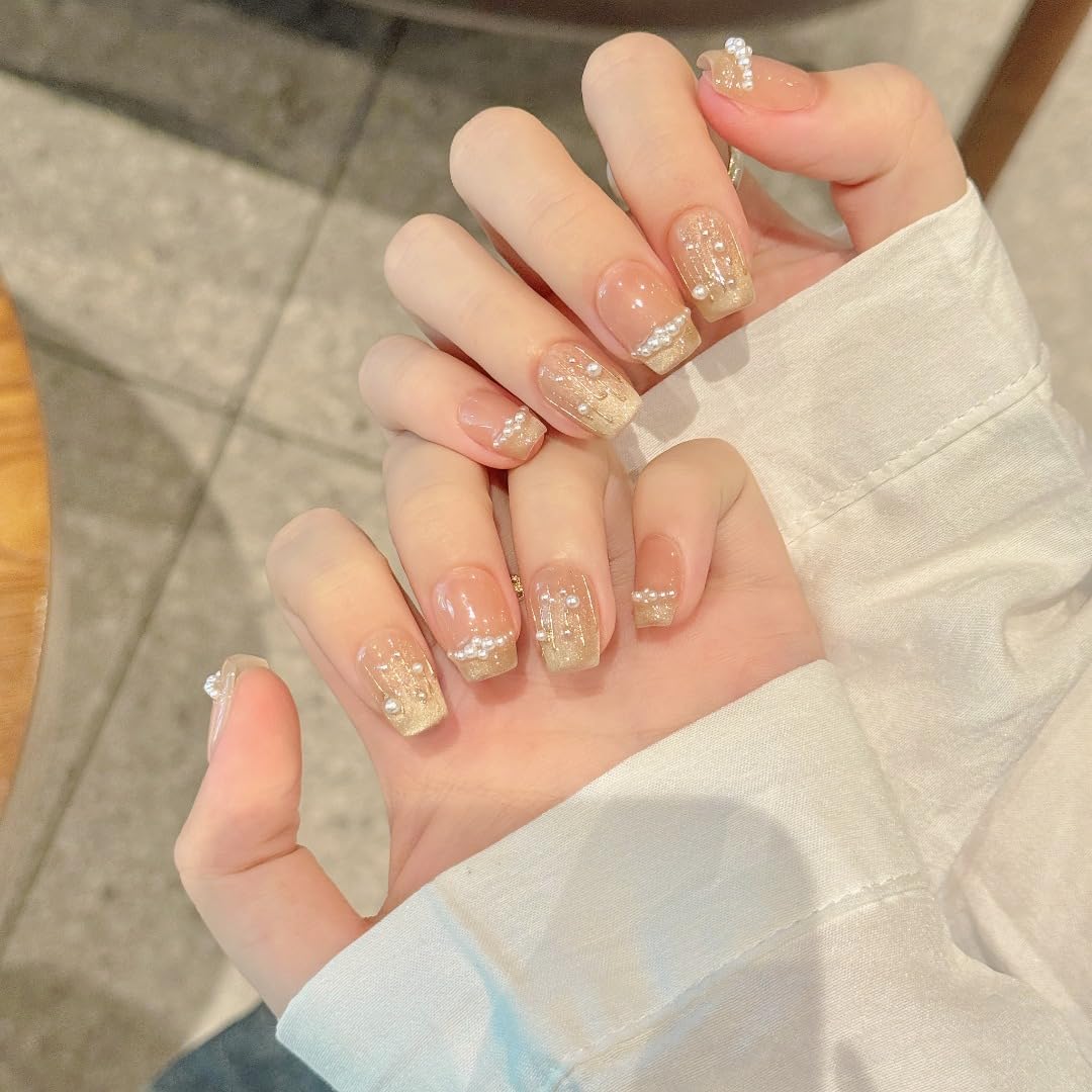 10pcs Short Square Handmade Press On Nails | Elegant Pearl Accent Nude Pink with Glitter Tips,New styles | Skip Salon Trips, Easy to Apply & Remove, Reusable (251104, XS)