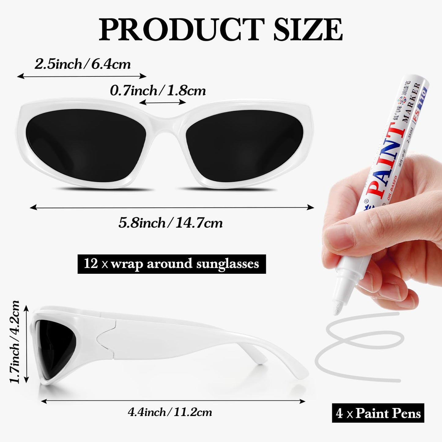 Flutesan 12 Pcs Personalized Y2k Wrap Around Sunglasses with 4 Marker for Adult DIY Rapper Glasses Costume Accessories(16 Pcs, White)