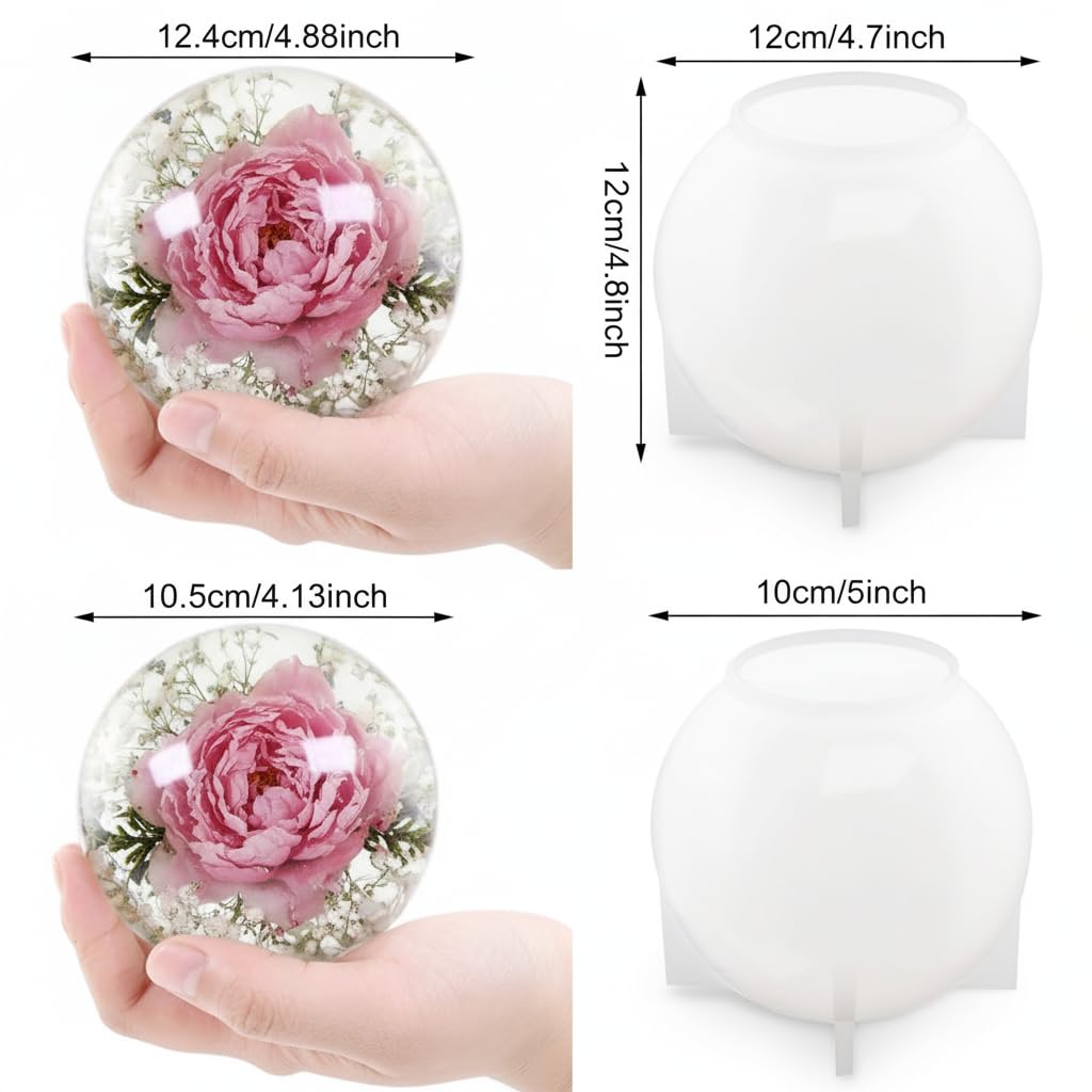 Silicone Resin Sphere Mold Set, White, 11.9 cm and 10.2 cm Large Ball Molds for Flower Preservation, Epoxy Resin Casting, Candles, Soap Making, DIY Crafts, 2 Pack