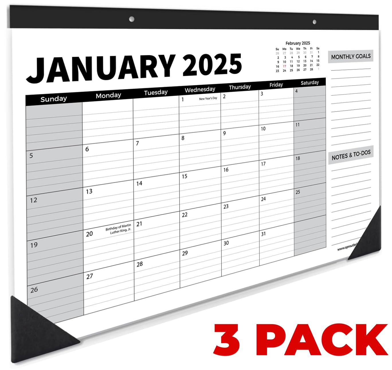 Sproutbrite 18 Month Calendar - 17" x 11.5" Medium Size Desk Calendar 2025-2026, Desktop Monthly Planner with To-Do List and Notes, Home, Office Desk Calendar (3 Pack, Jan 2025)