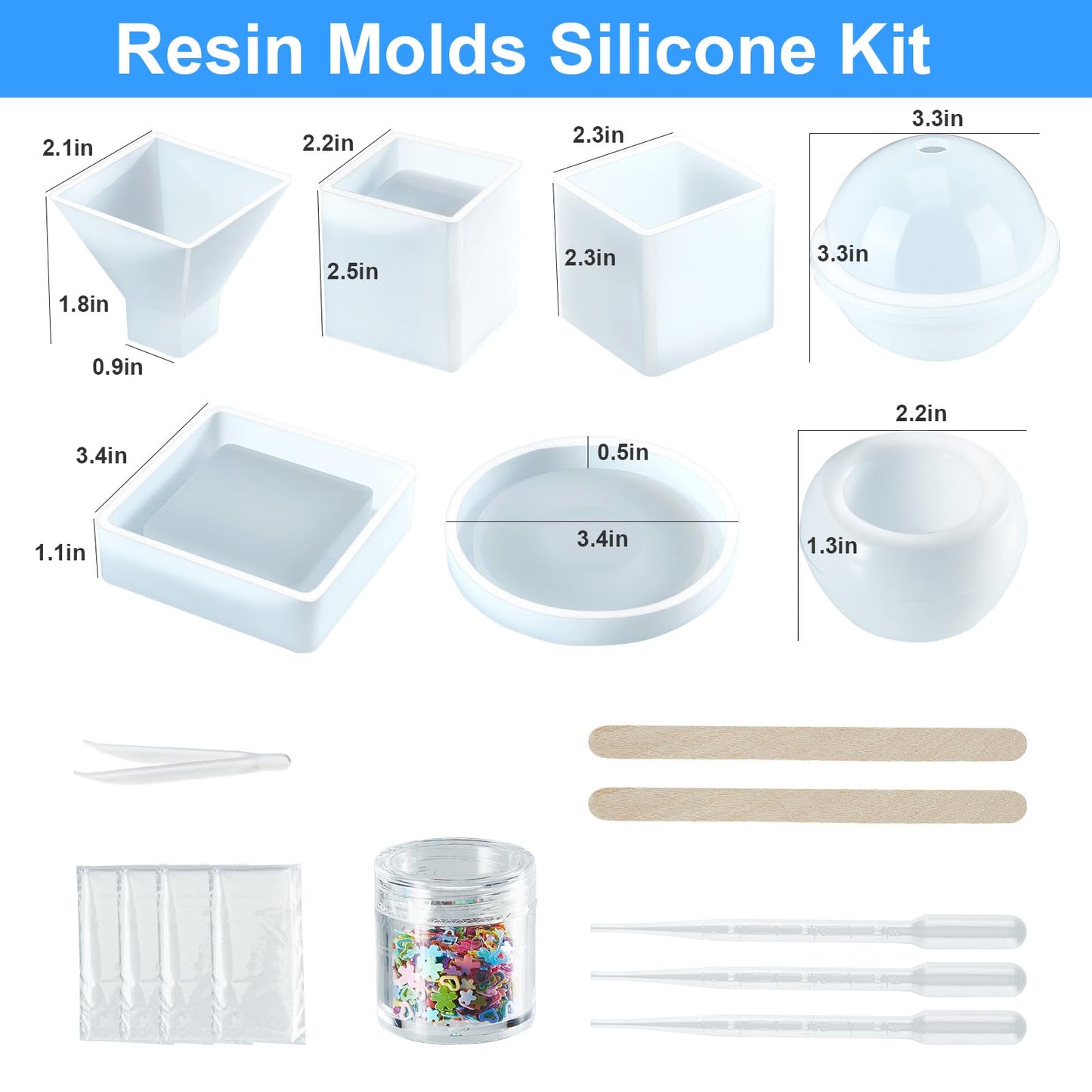 Resin Molds Silicone Kit 20Pcs,Epoxy Resin Molds Including Sphere,Cube,Pyramid,Square,Round, Used for Create Art,DIY,Coasters,Candles.Bonus Decorative Sequins and The Complete Set(20PCS Resin molds)
