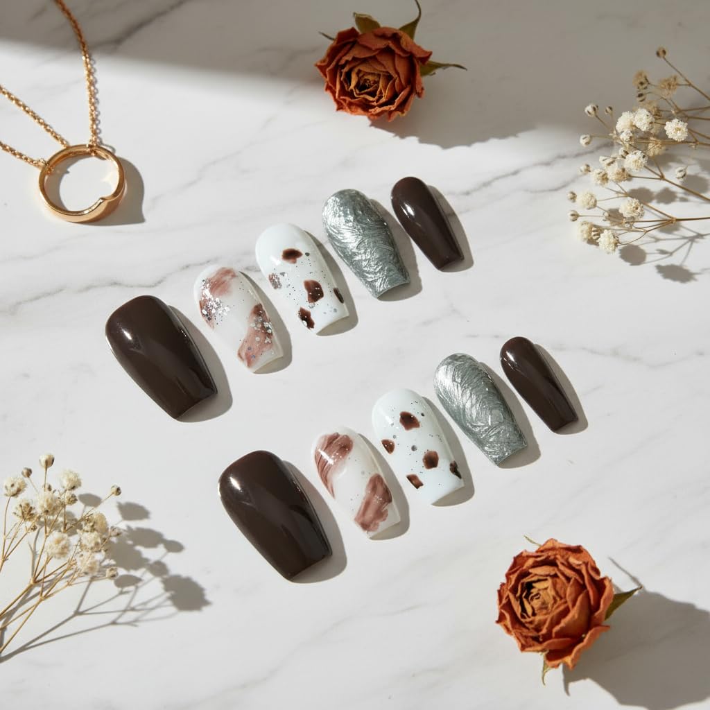 Tesytto Amber Brown Press on Nails - Short Coffin White Sliver Amber Base Handmade Acrylic Nails Vintage Press-on Nails for New Year Holiday(Autumn-Winter Amber,M)