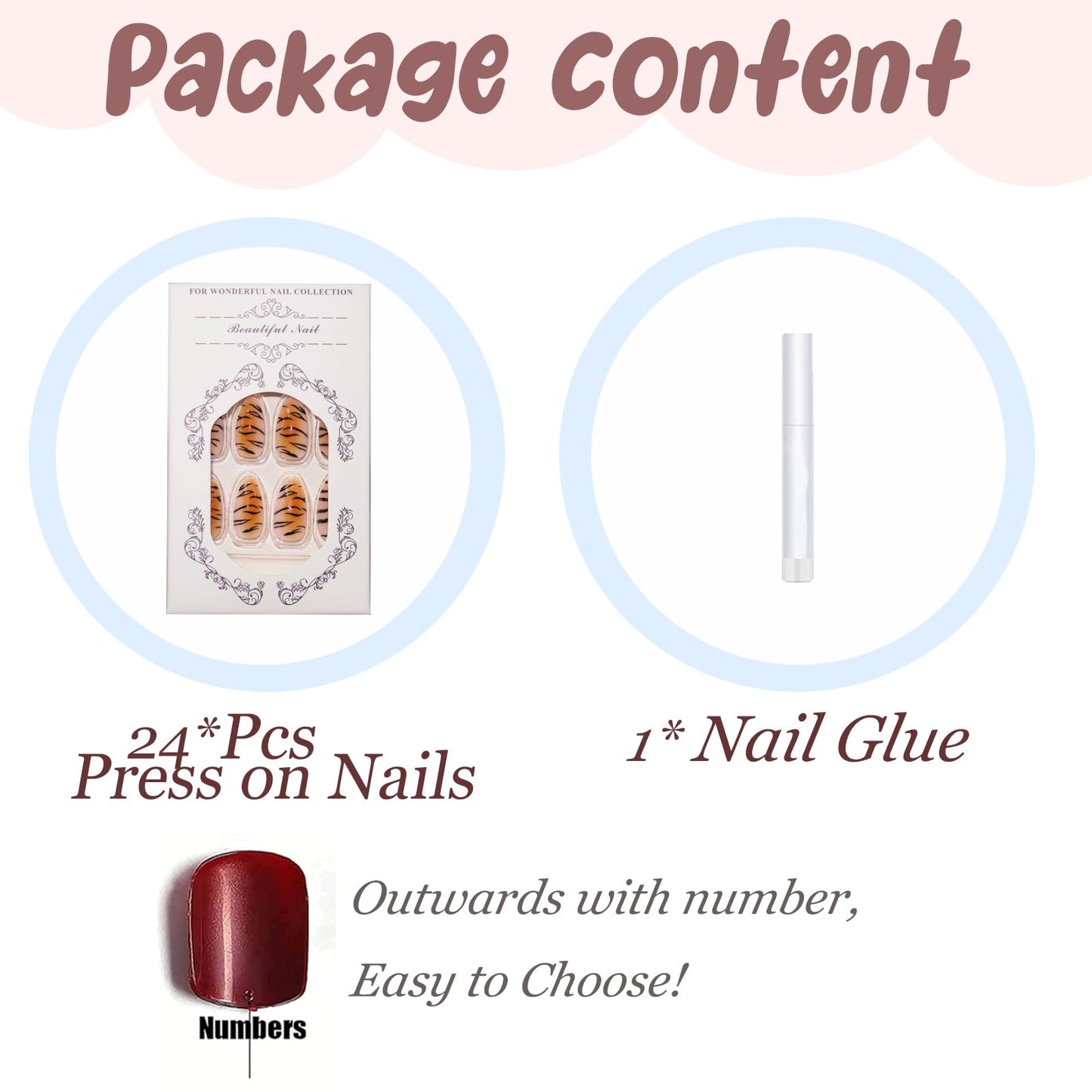 BABALAL Medium Almond Press on Nails - Brown Orange Ombre Tiger Print Acrylic Nails, 24 Pieces Fall Y2K Trendy Glossy Full Cover Glue on Nails for Women and Girls