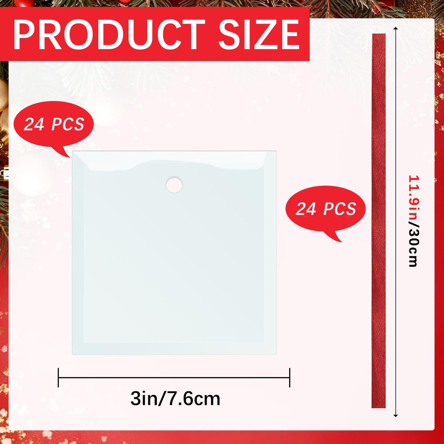 24 PCS Glass Sublimation Blanks Ornament Sublimated Glass Square 3 Inch with Red Ribbons,Personalized Christmas Ornaments