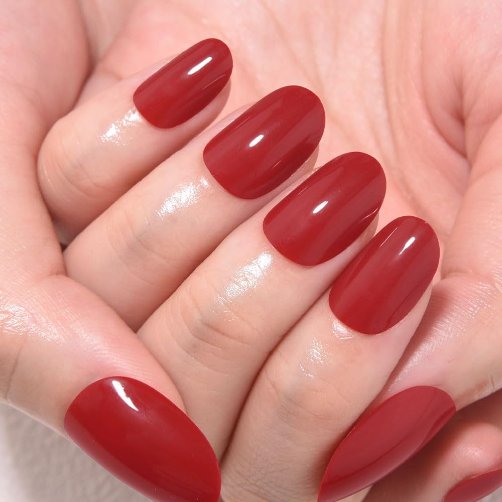 evpct Red Medium Oval Glossy Press on Nails for Women Gift, Glossy Red Fake Nail with Nail Kit Manicure Kits, Soft Gel Full Cover Reusable Stick on Soft Acrylic False Nail Perfectly Fit