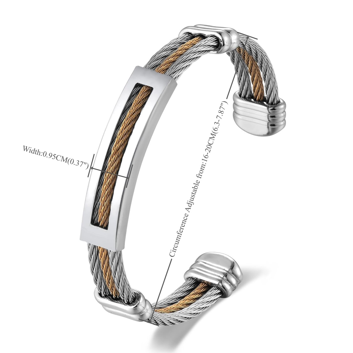 BIYONGDE Mens Stainless Steel Twisted Cable Cuff Bracelet, Open Bangle Bracelet for Unisex, Classic and Urban Style (Gold and Silver)
