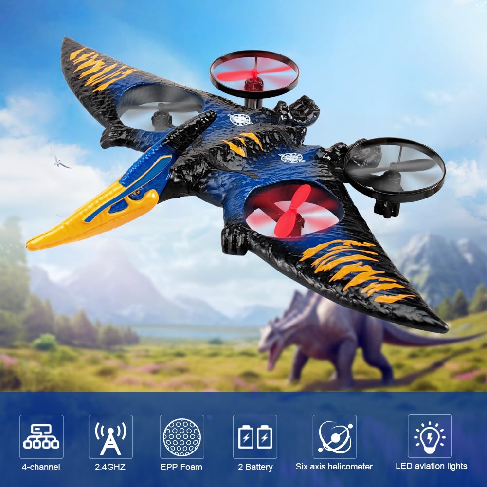 Dinosaur Remote Control Drone, 2.4G EPP Foam RC Pterodactyl Hobby RC Airplanes with 6-Axis Gyro, One Key Takeoff Landing, Stunt Roll & 360 Flip, Fighter Jet Toy Christmas Birthday Gift for Boys Girls