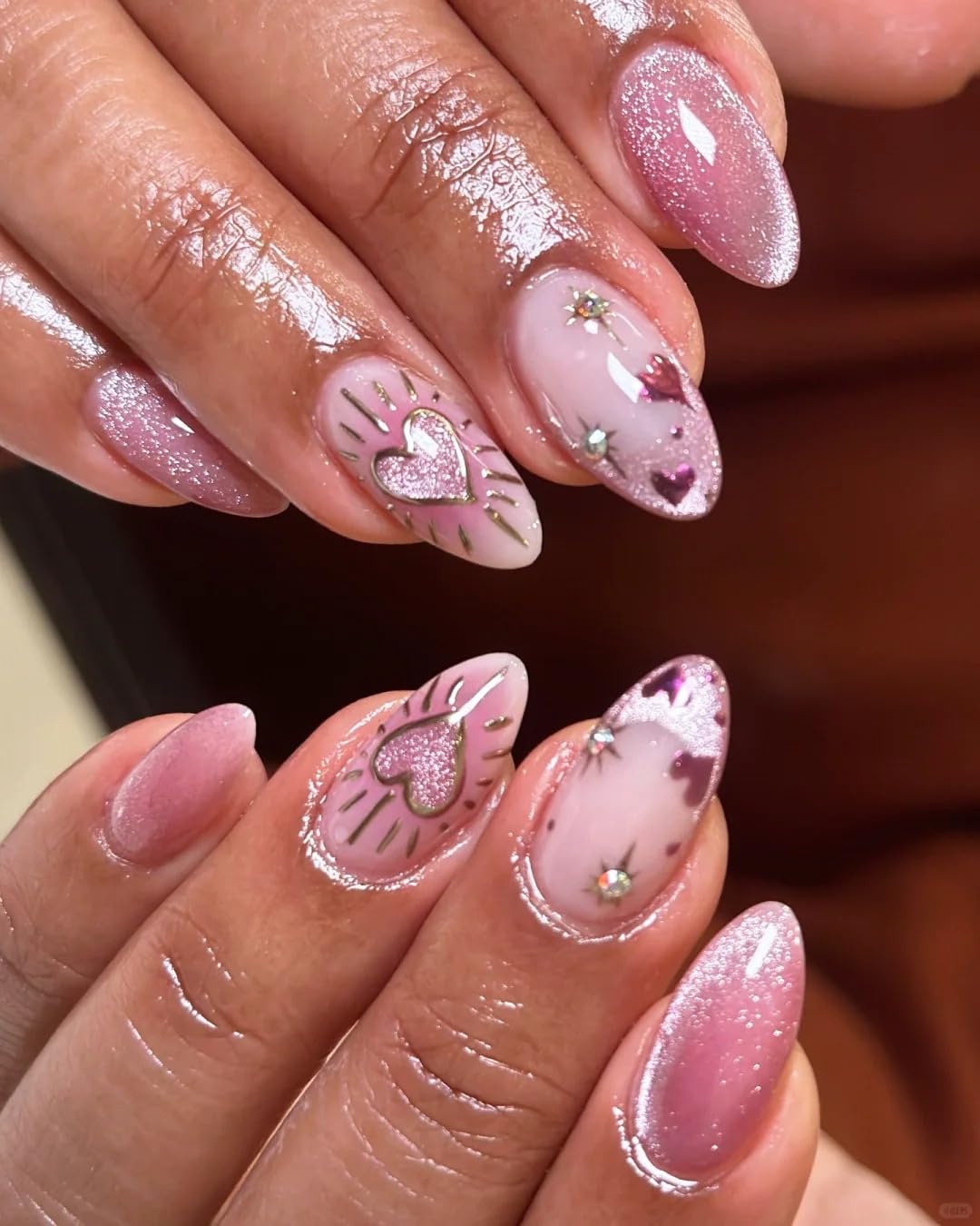 Handmade Glitter Cat Eye Press on Nails Medium Short Almond, Gel Fake Nails Short with UV Coating, Reusable Glue on Nails for Women Daily Wear, Nude Sparkle 10 Pcs (MT-114, M)