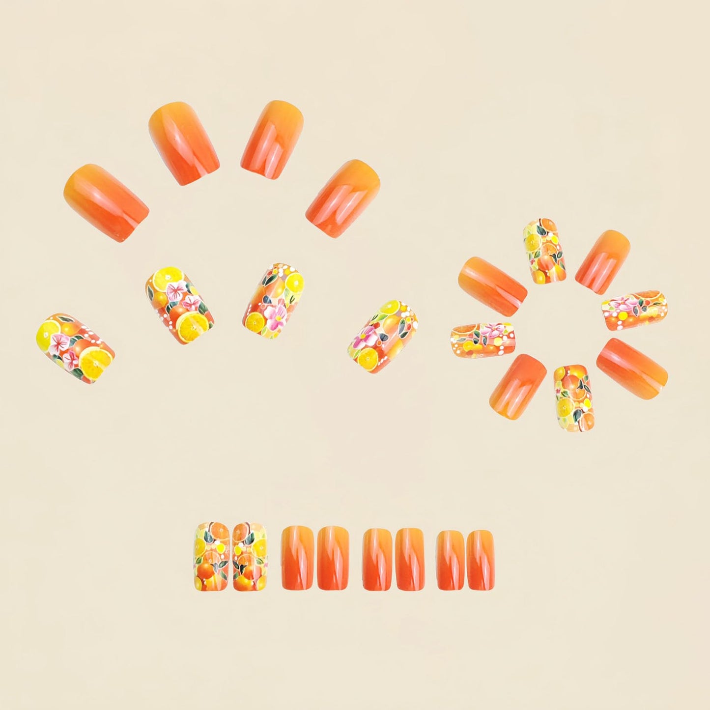 Medium Press on Nails Square Fake Nails with Pink Flower Green Leaves Designs Glossy Nails Press ons Orange Full Cover Glue on Nails Cute Acrylic Nails Artificial Stick on Nails for Women 24Pcs
