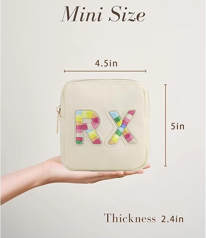 Small Nylon Rx Medicine Bag, Cute Waterproof Chenille Letter Patch Drug Makeup Bag with Metal Zipper, Pill Bag for Purse, Mini Travel First Aid Purse Organizer Machine Washable (08Beige RX)