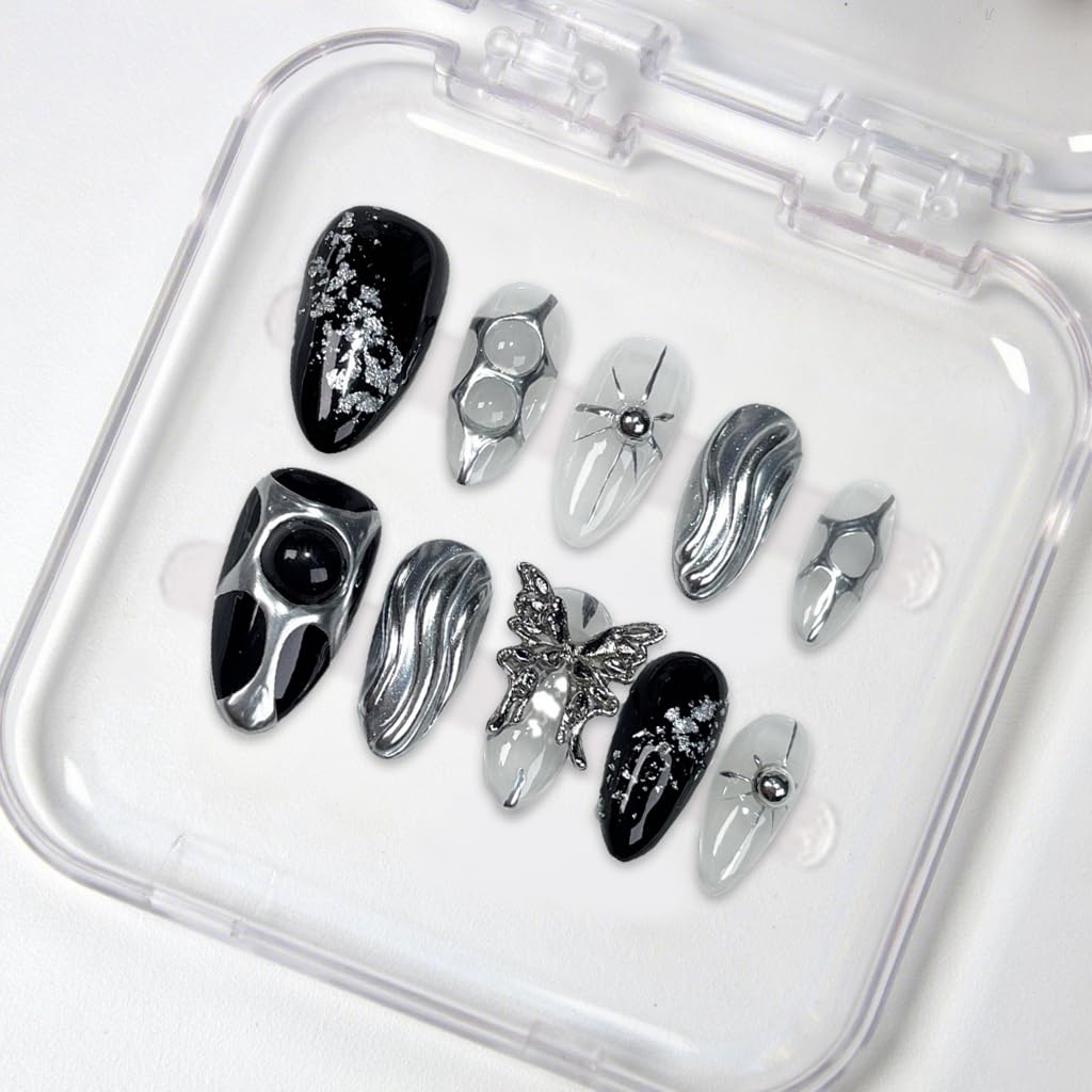 Black Press on Nails Medium Almond Fake Nails with 3D Metal Butterfly Irregular Silver Design Handmade False Nails Sequin Full Cover Artificial Nails Stick on Nail for Women DIY Tips (M)
