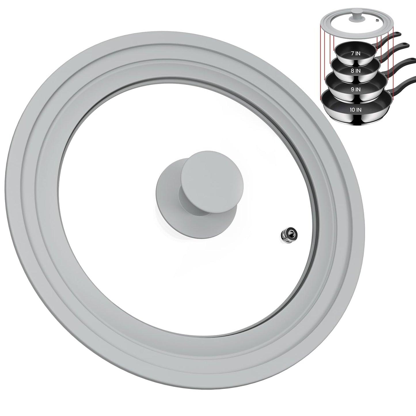 TOPULORS Universal Lid for Pots, Pans, and Skillets - Tempered Glass Lid with Silicone Rim Fits 8", 9", 9.5" Inner Diameter Cookware Frying Pan Cover Replacement Lid - Dishwasher Safe, Grey