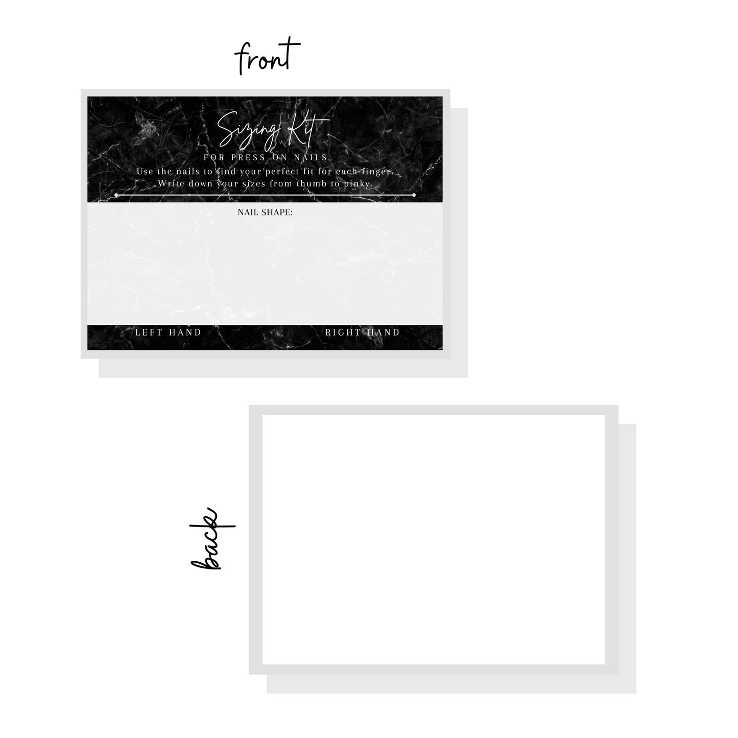 Boutique Marketing LLC Press On Nail Sizing Card | Physical Printed 5x7inch inch Large Postcard | Press-On Nail Supplies | Black Marble Design