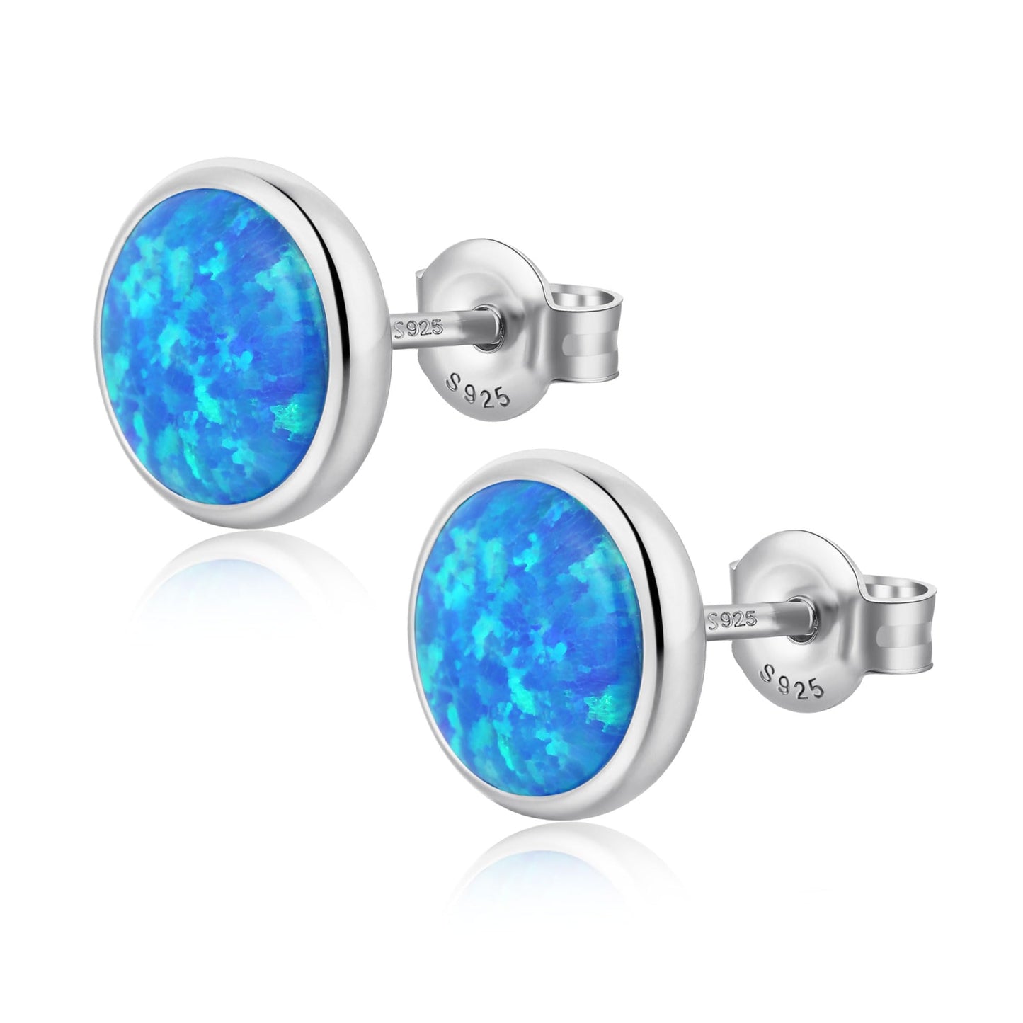 JiayangJY Silver Blue Fire Opal Stud Earrings for Women 18K White Gold Plated Sterling Silver Round Shape 7mm Opal Earrings with Push Back