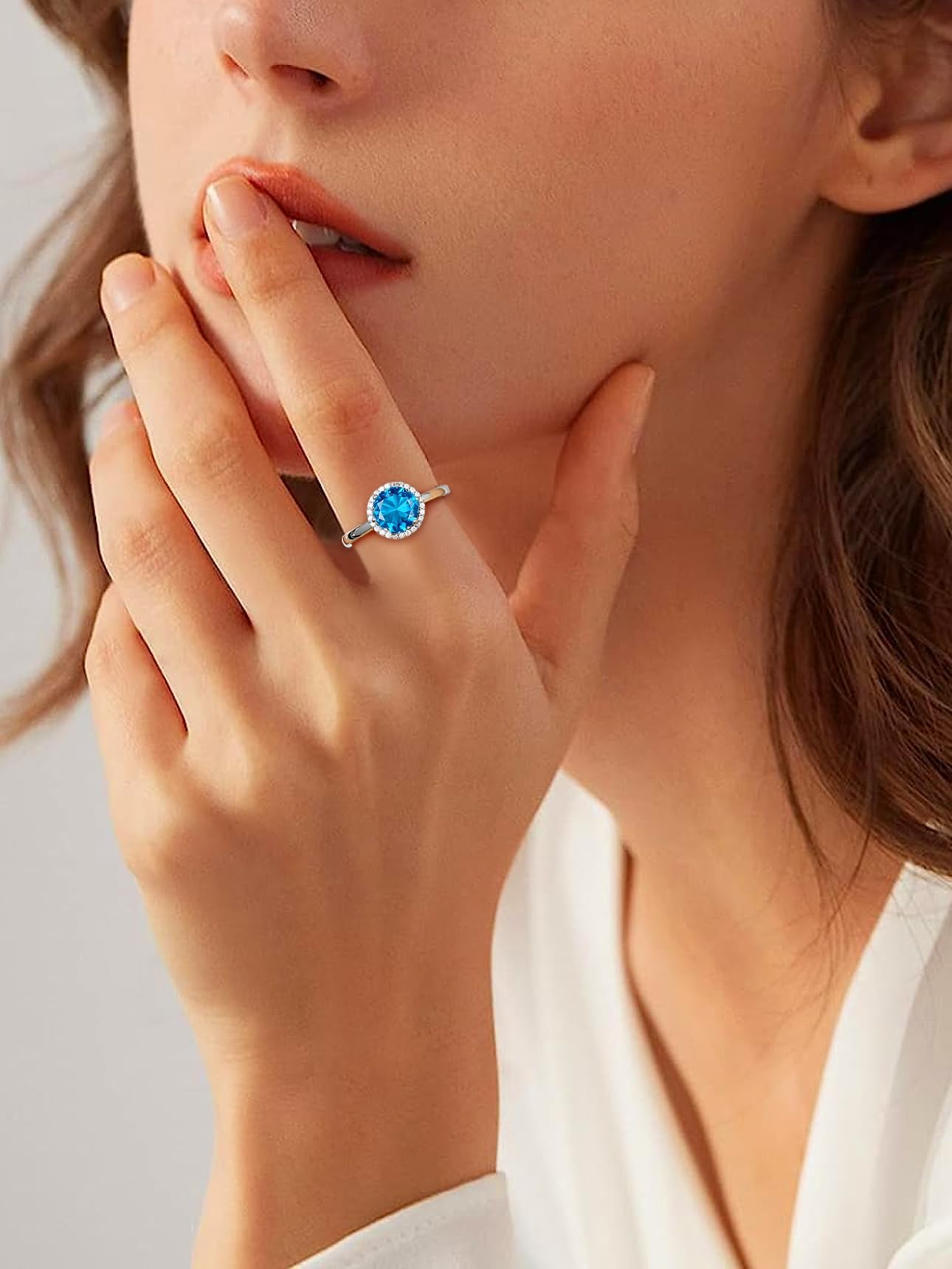 Bestyle CZ Round Diamond Rings 5mm December Blue Topaz Birthstone Solitaire Rings, 925 Sterling Silver Rings Jewelry Gift for Wedding Anniversary Birthday