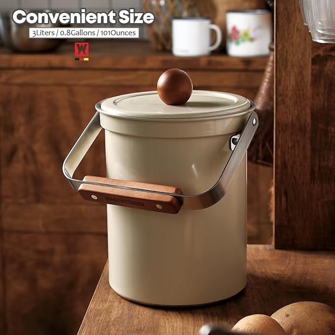 Kitchen Countertop Compost Bin 101ounces / 3Liters, Airtight Lid SUS304 Stainless Steel Odor-Free Food Waste Bin with Wooden Handle Stylish Design Bathroom Trash Can (Off-White)
