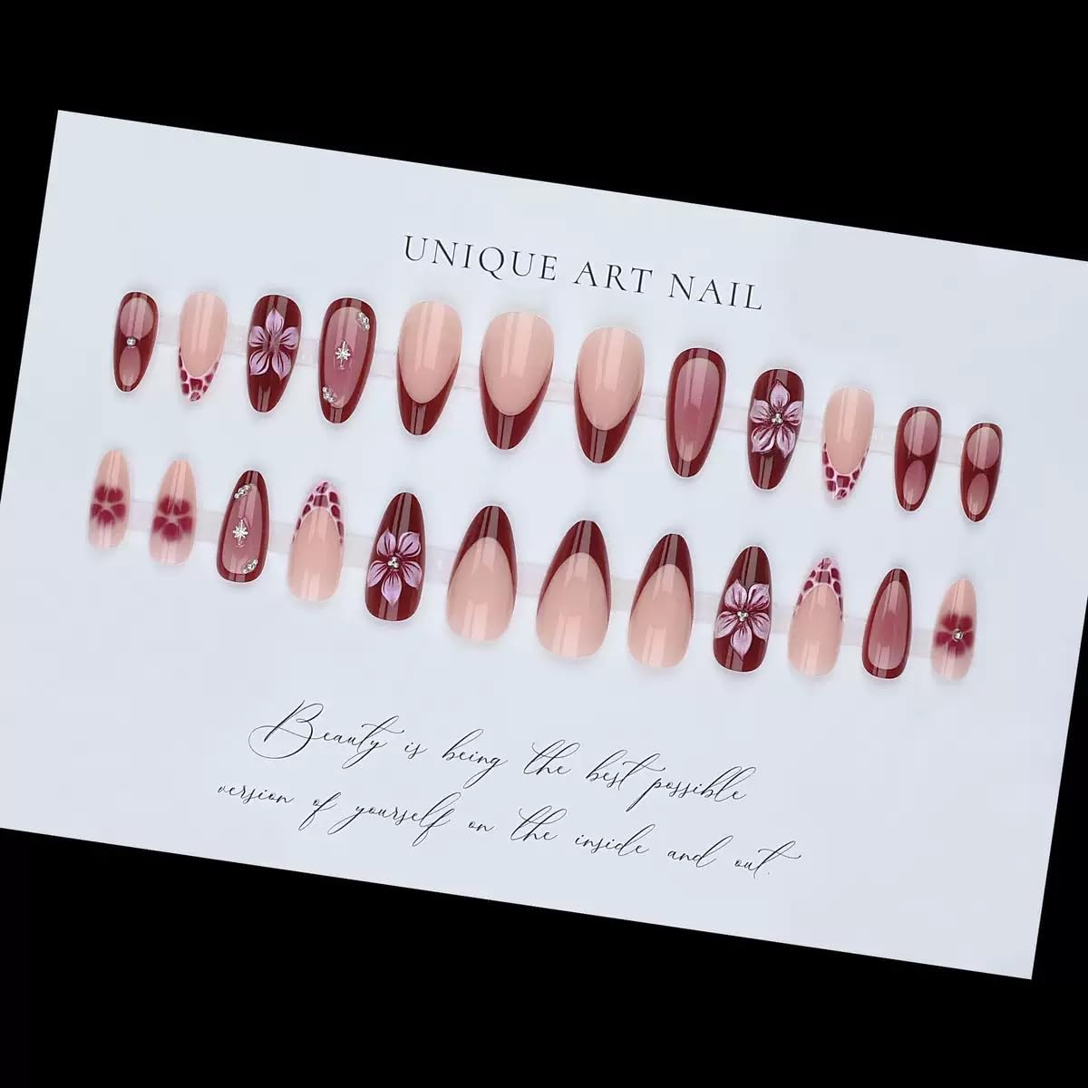 CTTHNBD Press on Nails Almond - Medium Fake Nails with Flower Design - Ombre, French Tip False Nails - for Women 24 Pcs