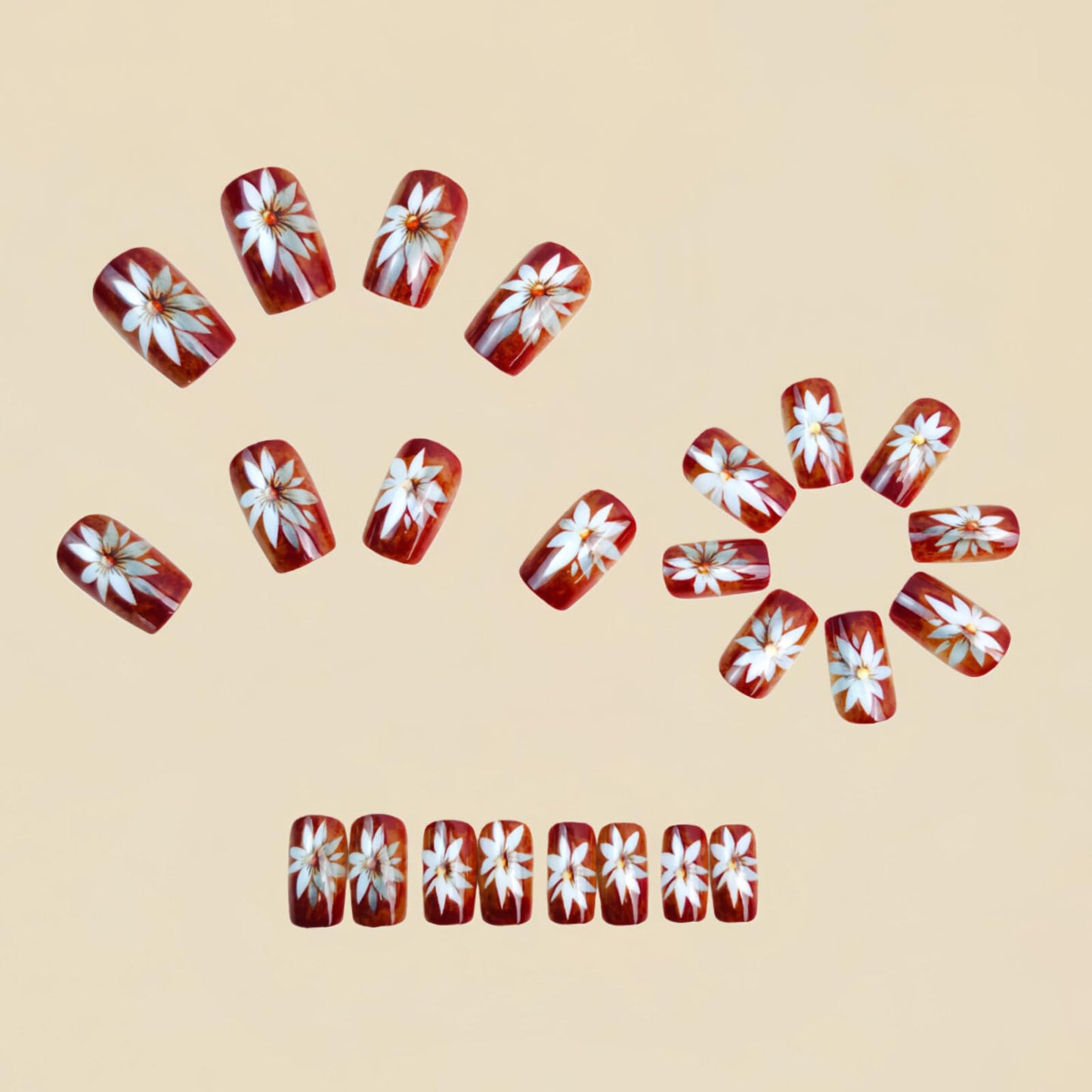 Medium Square Nails Burgundy Base Silver Bouquet Decoration Gold Stripes Glue on Nails Suitable for Manicure Artificial Nails Spring Fresh Style Elegant Shiny Delicate 24 Pcs