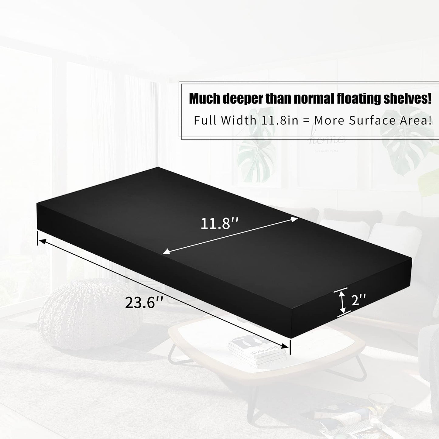 WELLAND 12" Deep Floating Wall Shelf, Black Floating Shelf Display Floating Shelf, 23.62" L x 11.81" D x 2" T, Deeper Than Others, Black