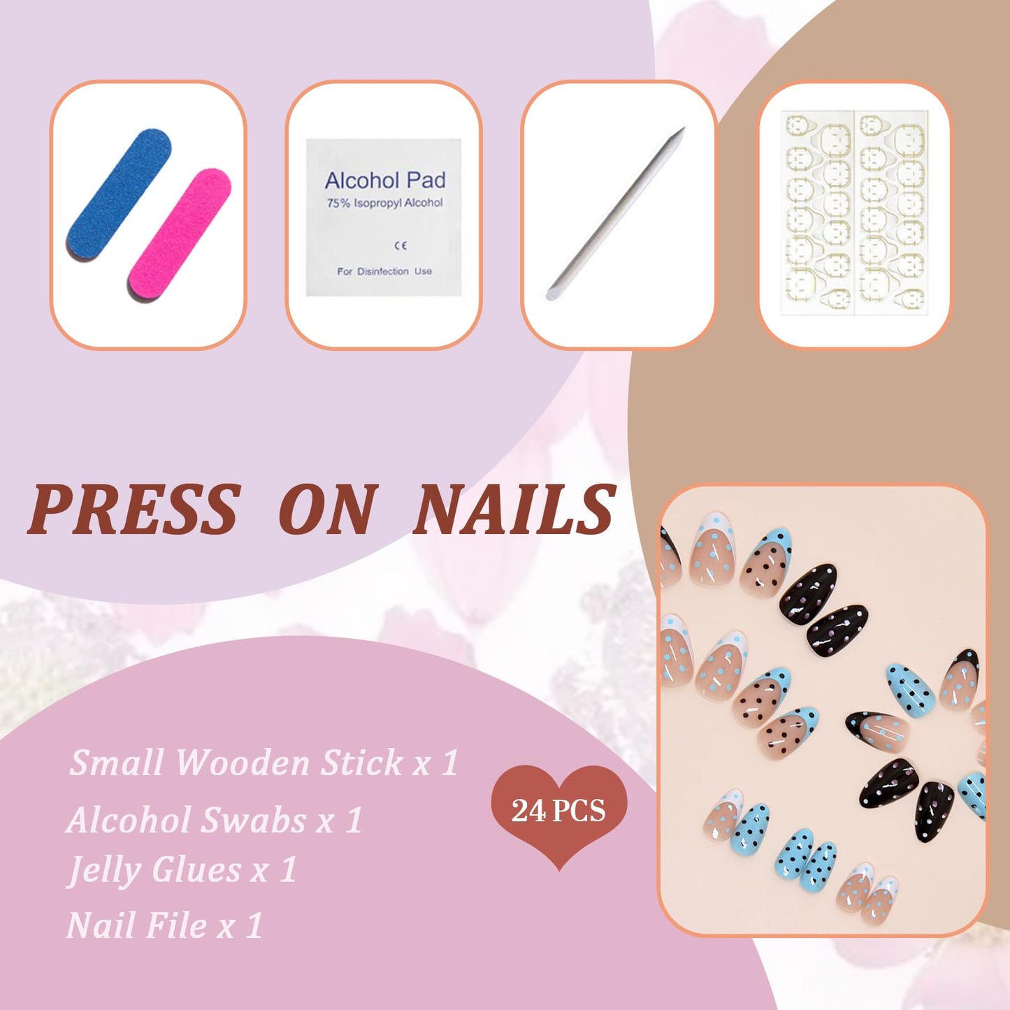 Short Polka Dot Press on Nails Almond Chrome Nails press ons French Tip Fake Nails with Designs Black Blue False Nails Glossy Full Cover Nail Tips Acrylic Artificial Stick on Nails for Women 24PCS