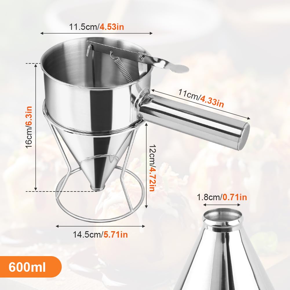 Pancake Batter Dispenser, Stainless Steel Funnel Cake Dispenser with with Squeeze Handle & Stand for Cupcakes, Pancakes, Takoyaki, Waffle and Baked Goods(Size:S,600ml)