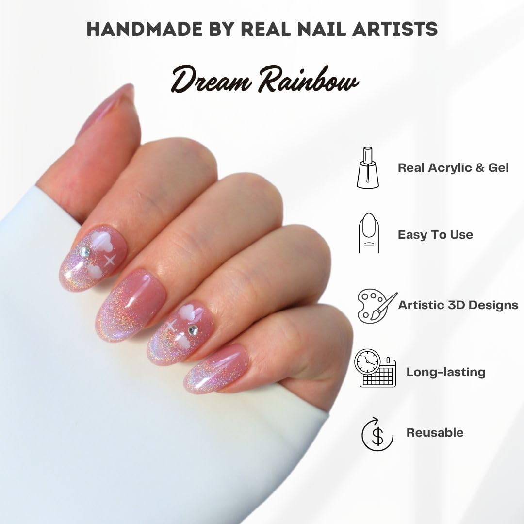 Hanakoko Press on Nails - Handmade 3D Short Medium Oval Almond Fake Nails, Glitter Cat Eye Gel, Durable Reusable False Nails 10 Pcs (Dream Rainbow, XS)