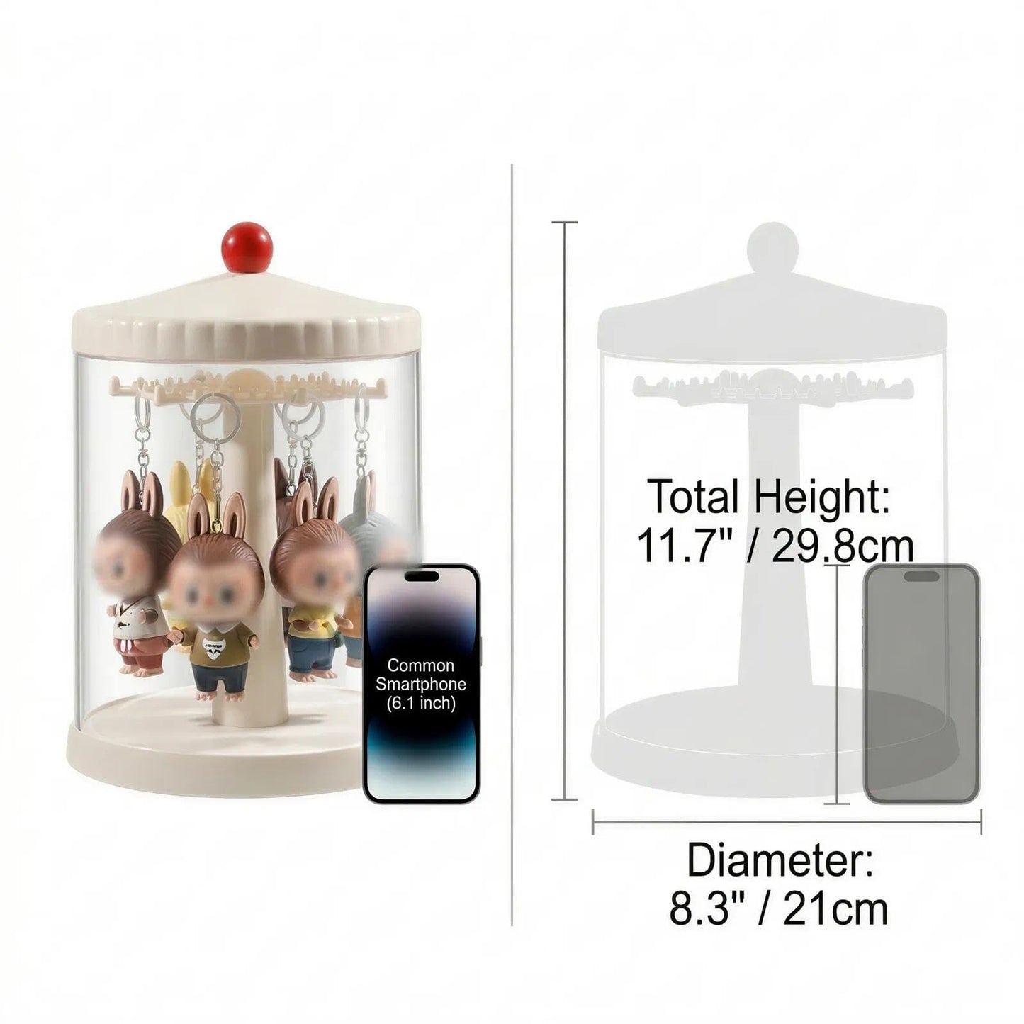 iobiotio Rotating Display Case Compatible with Labubu, Stackable Clear Blind Box Storage Organizer for 6.7" Doll, Dustproof Figure Showcase for Plush Keychain, Hanging Doll Holder for Desktop Decor