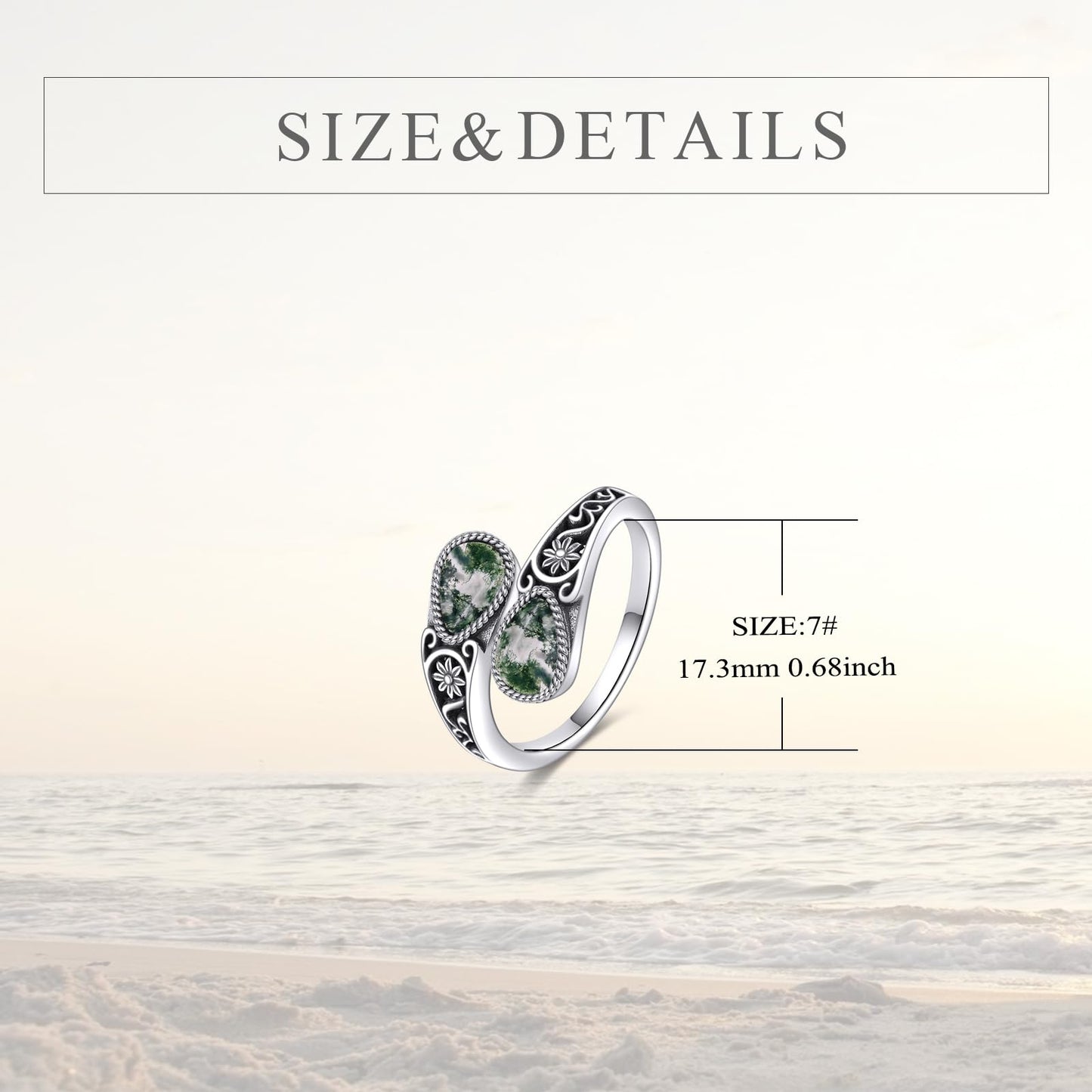 POPLYKE Sterling Silver Moss Agate Filigree Spoon Ring Vintage Thumb Rings Boho Adjustable Open Ring Statement Jewelry Gifts for Women