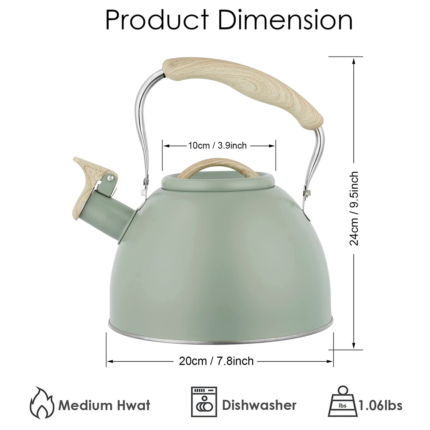 Tea Kettle -3.0 Quart Whistling Tea Kettle for Stove Top Stainless Steel Tea Pot Stovetop Food Grade Water Kettle with Wood Pattern Handle for Coffee/Tea/Milk Kettle Pot-Green