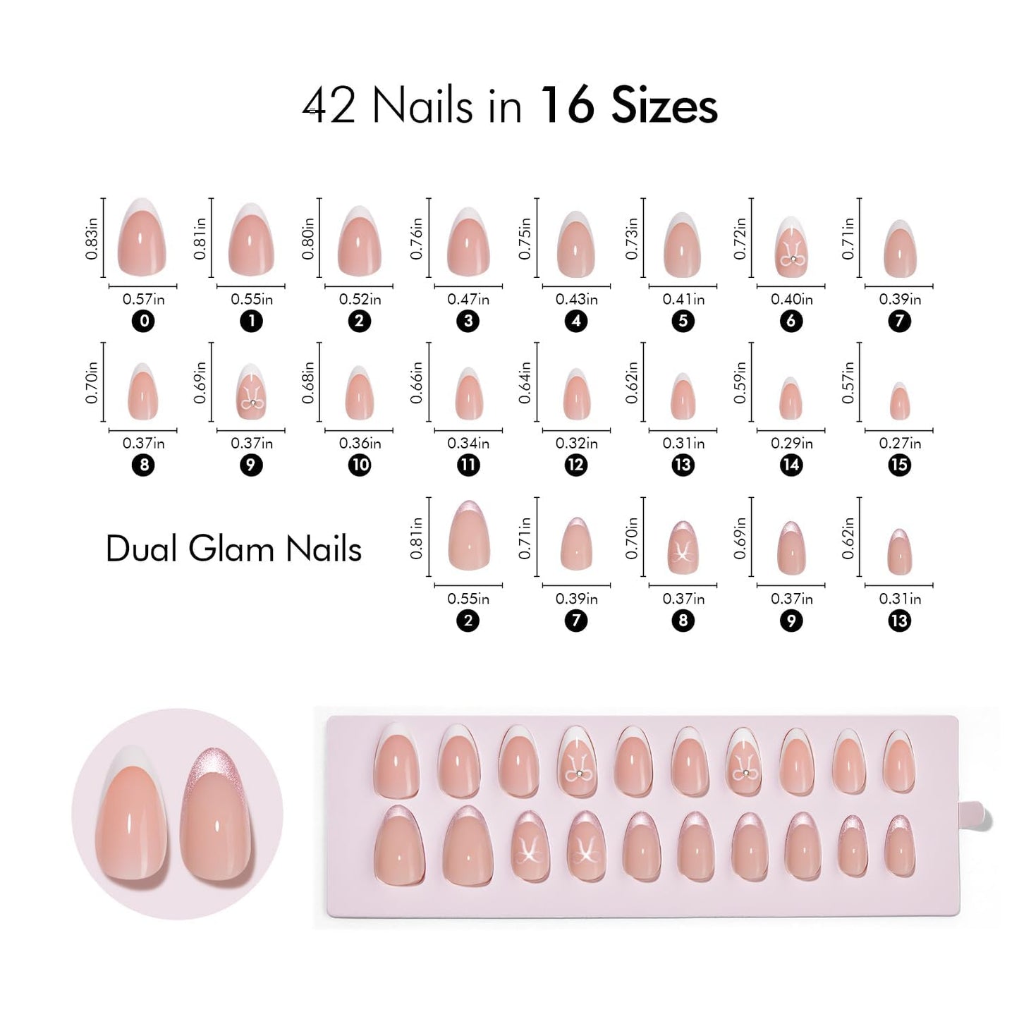 VSALON Short Almond Press-On Nails - 32 PCS French Tip Main Nails in 16 Sizes & 10 PCS Pink Alternative Nails - Reusable Fake Nail Kit with UV Glue, Easy Tabs, Nail Glue Remover & Nail Lamp